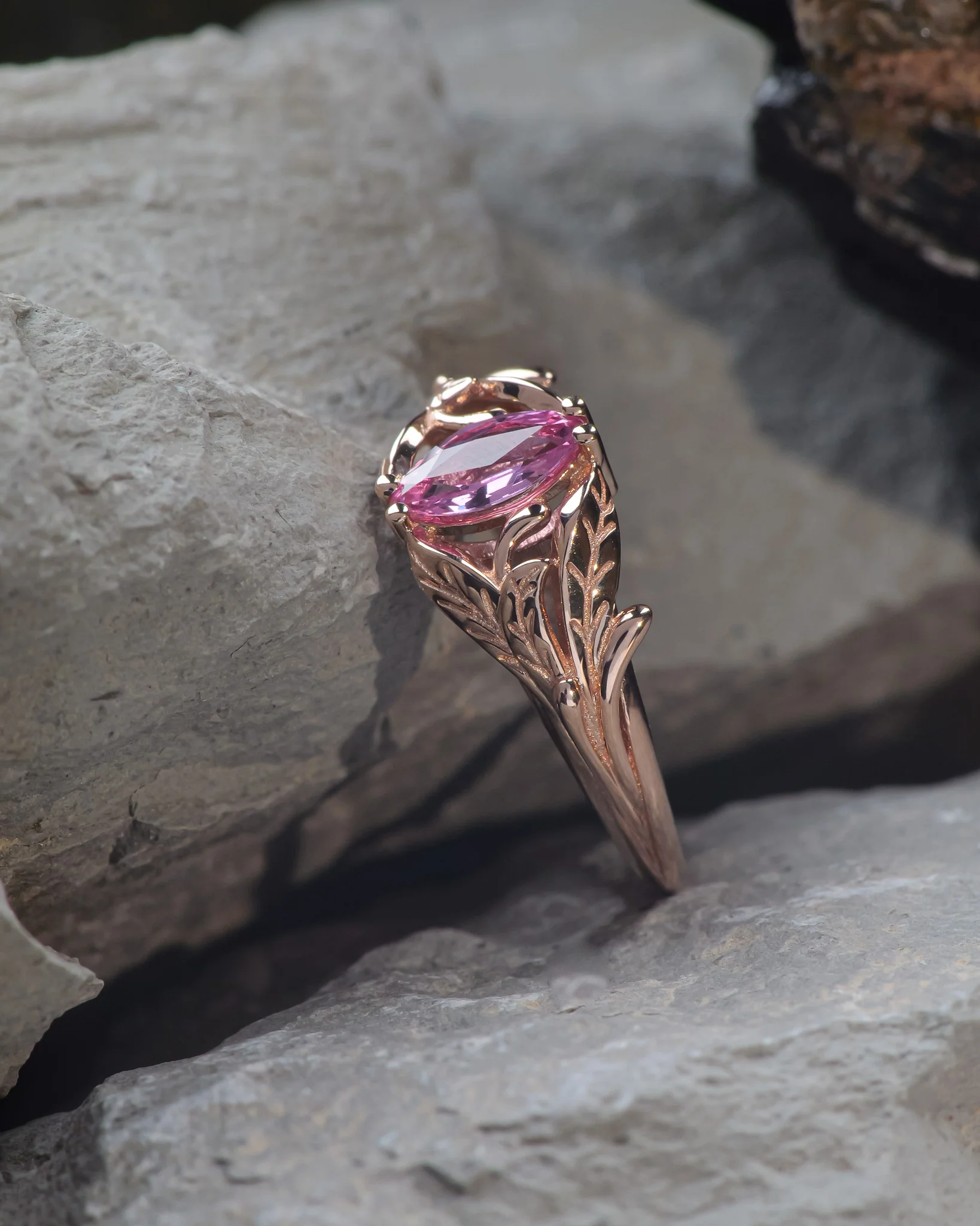 Natural pink sapphire engagement ring, leaf proposal ring with marquise cut gemstone / Wisteria - Image 4