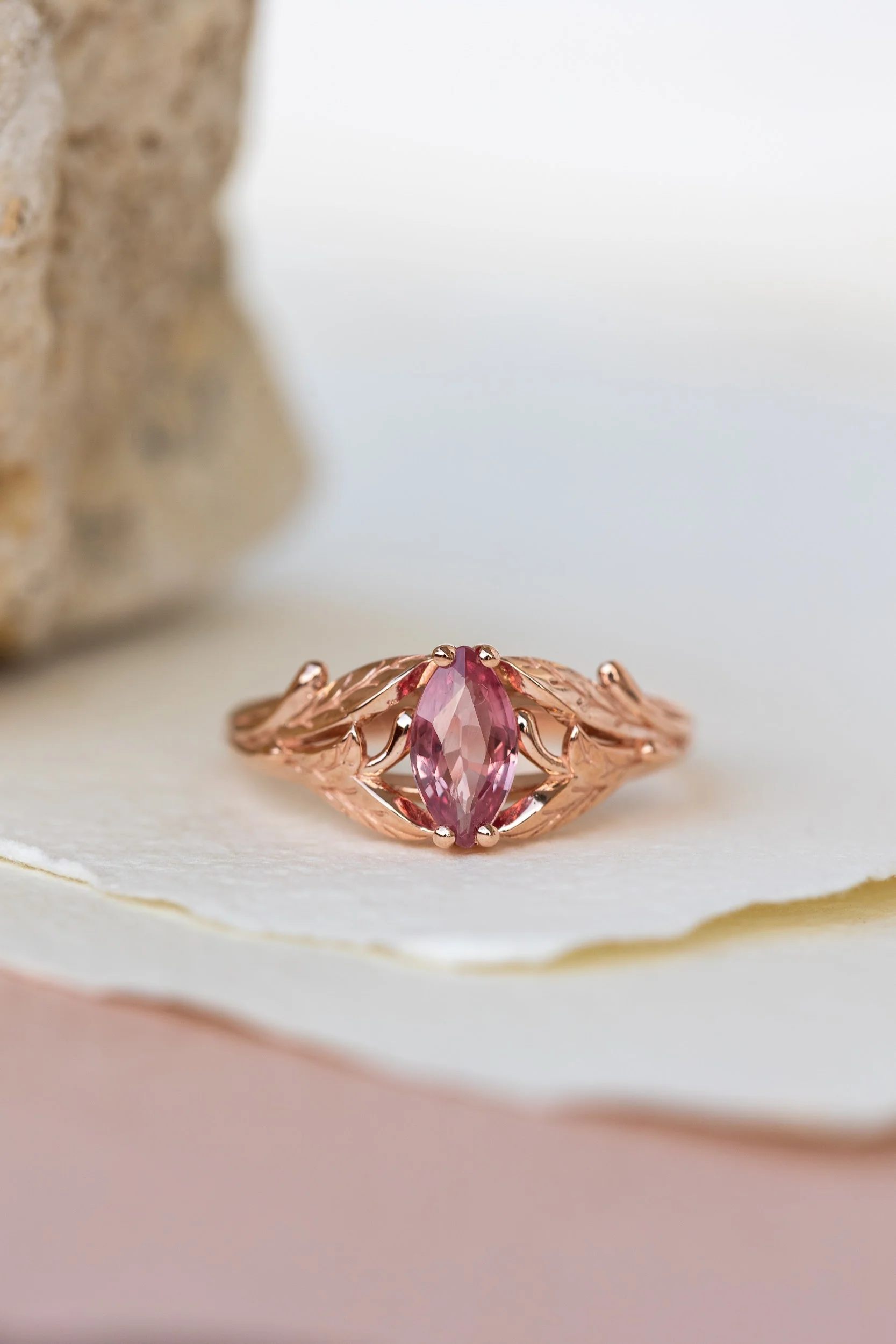 Natural pink sapphire engagement ring, leaf proposal ring with marquise cut gemstone / Wisteria - Image 5