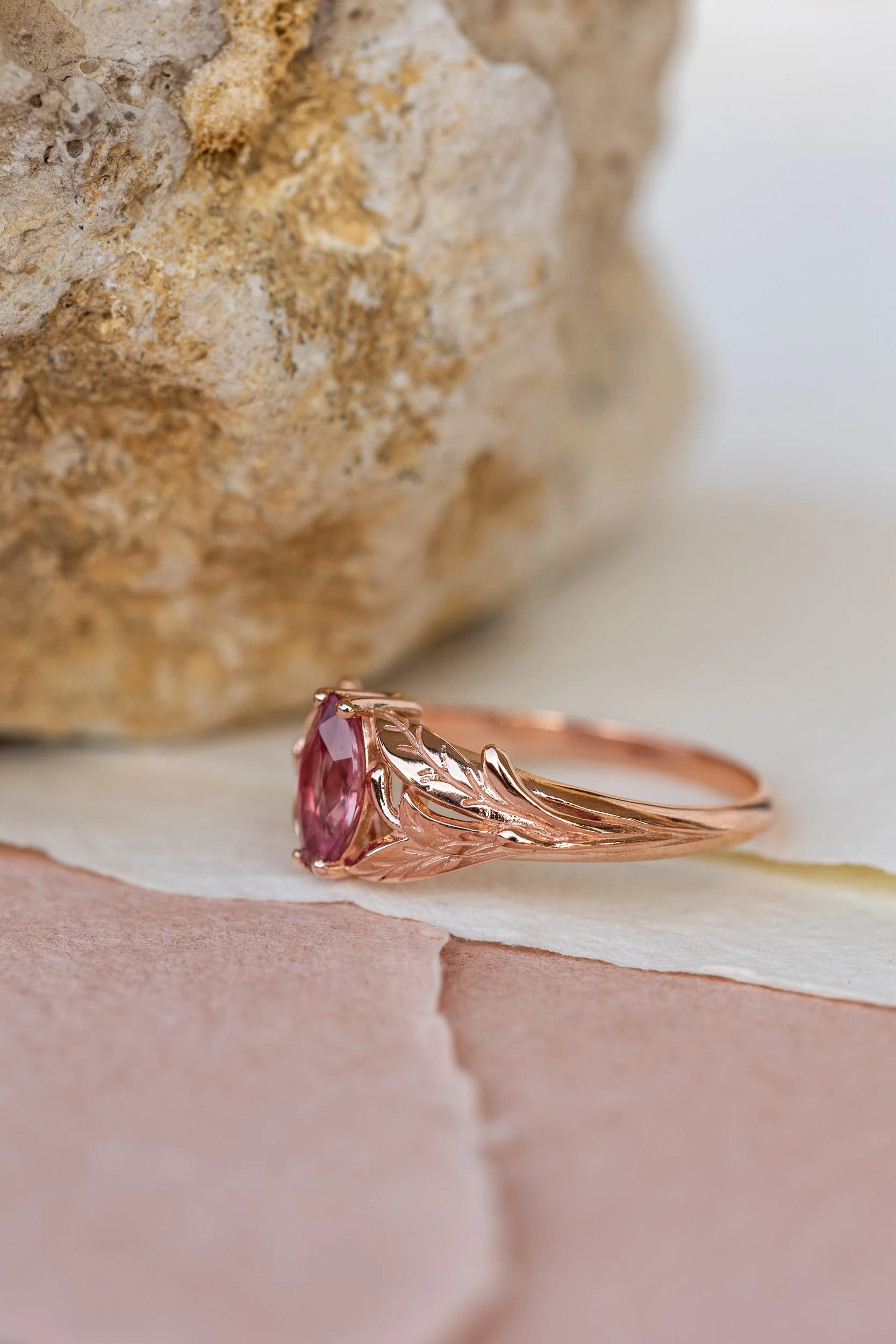 Natural pink sapphire engagement ring, leaf proposal ring with marquise cut gemstone / Wisteria - Image 6