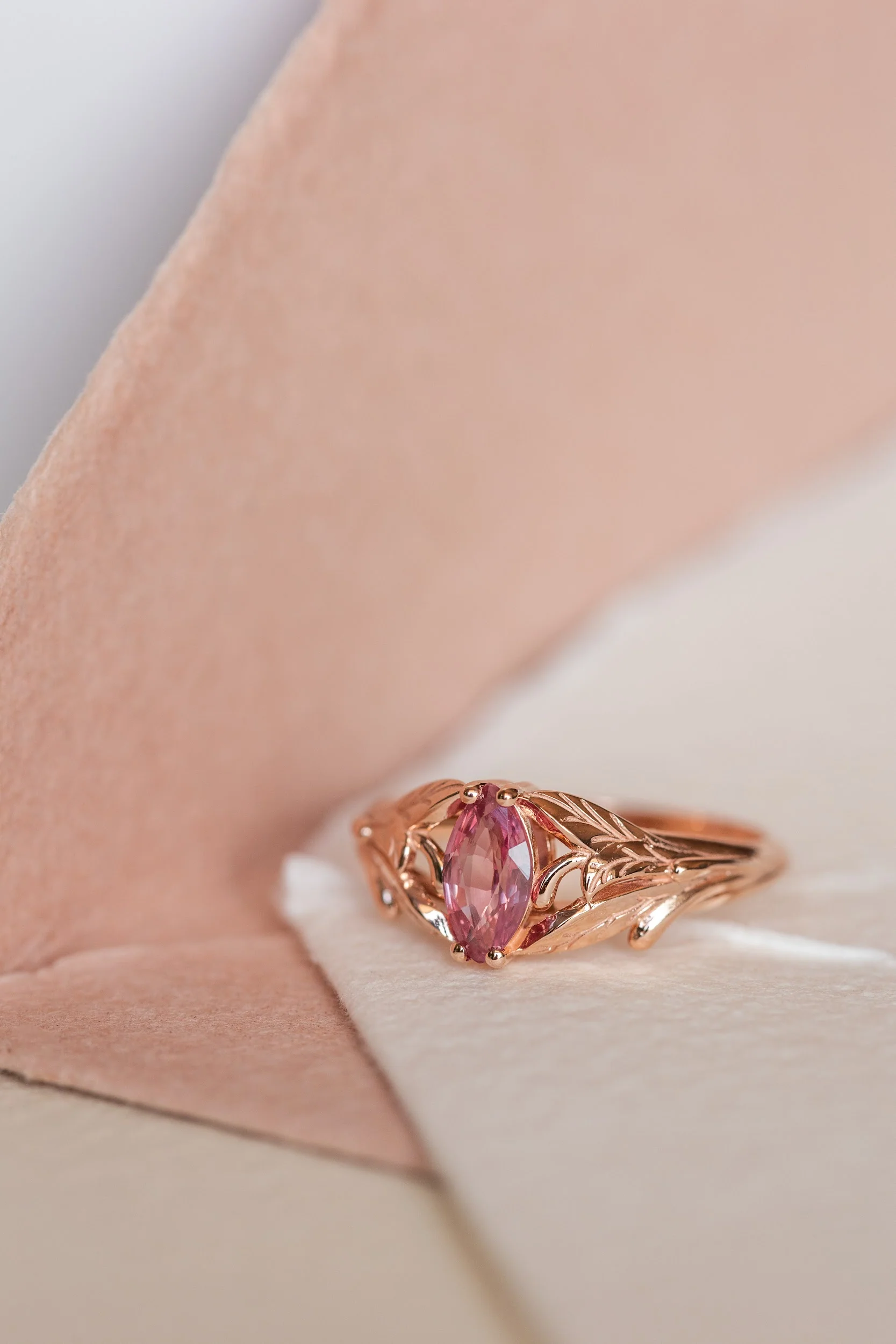 Natural pink sapphire engagement ring, leaf proposal ring with marquise cut gemstone / Wisteria - Image 7