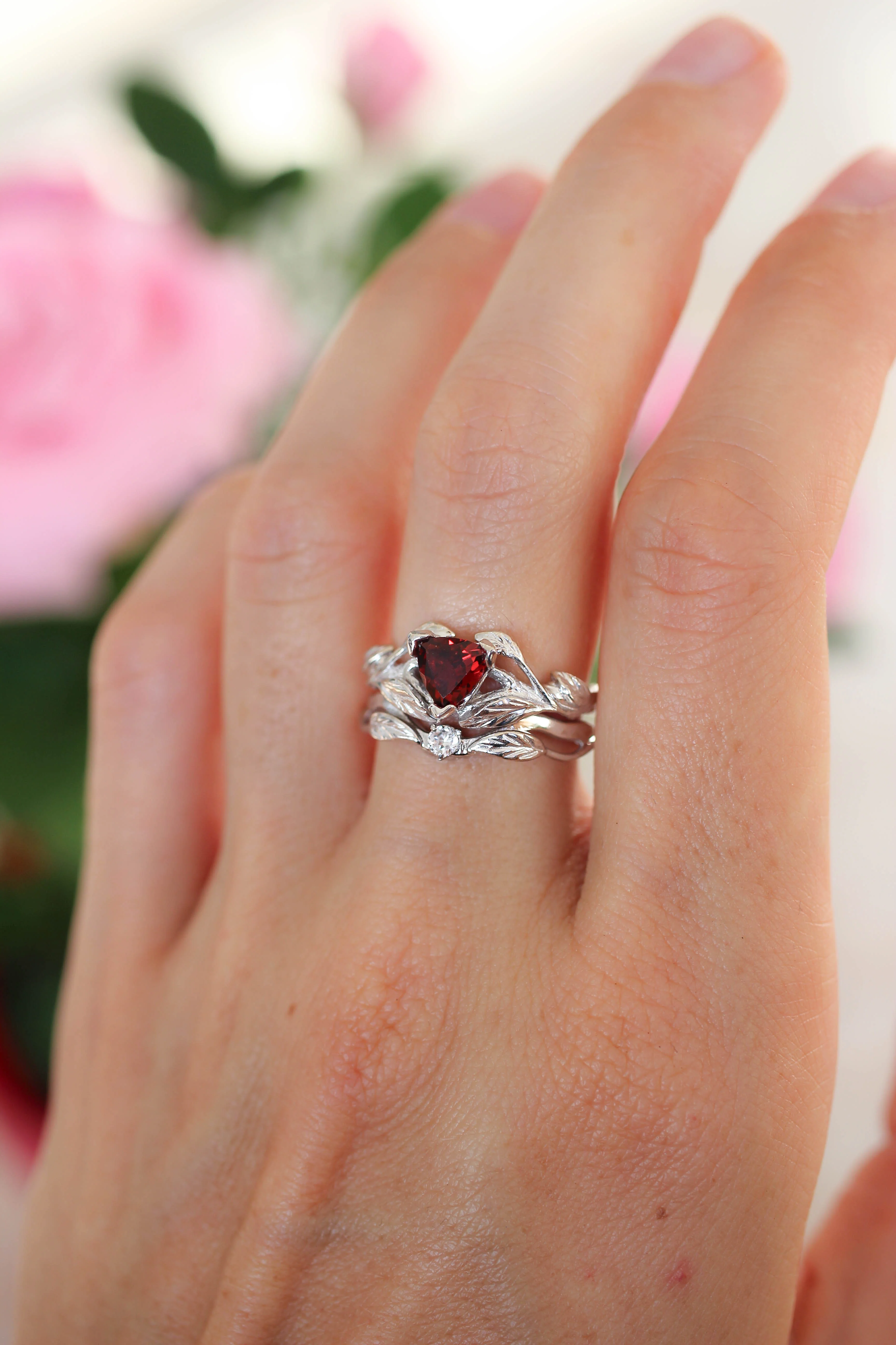 Nature inspired engagement ring set with garnet and diamond / Clematis - Image 3