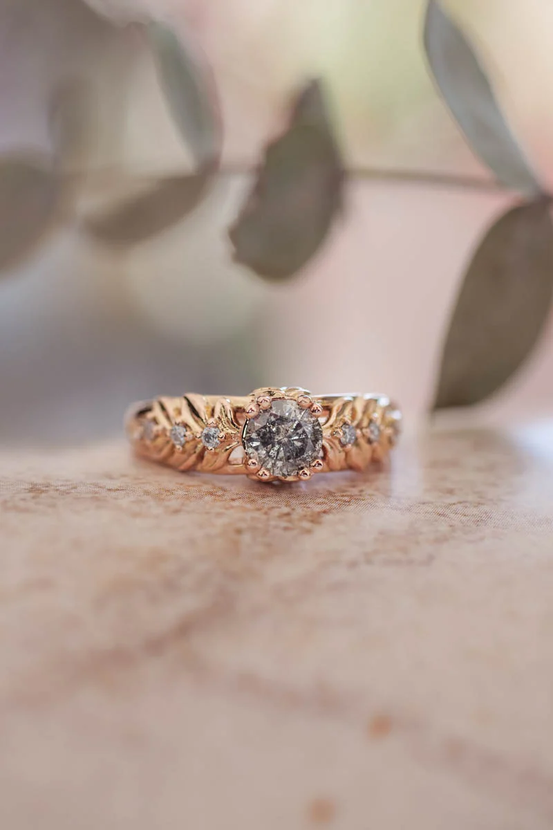Nature inspired engagement ring with salt & pepper diamond / Silvestra - Image 8
