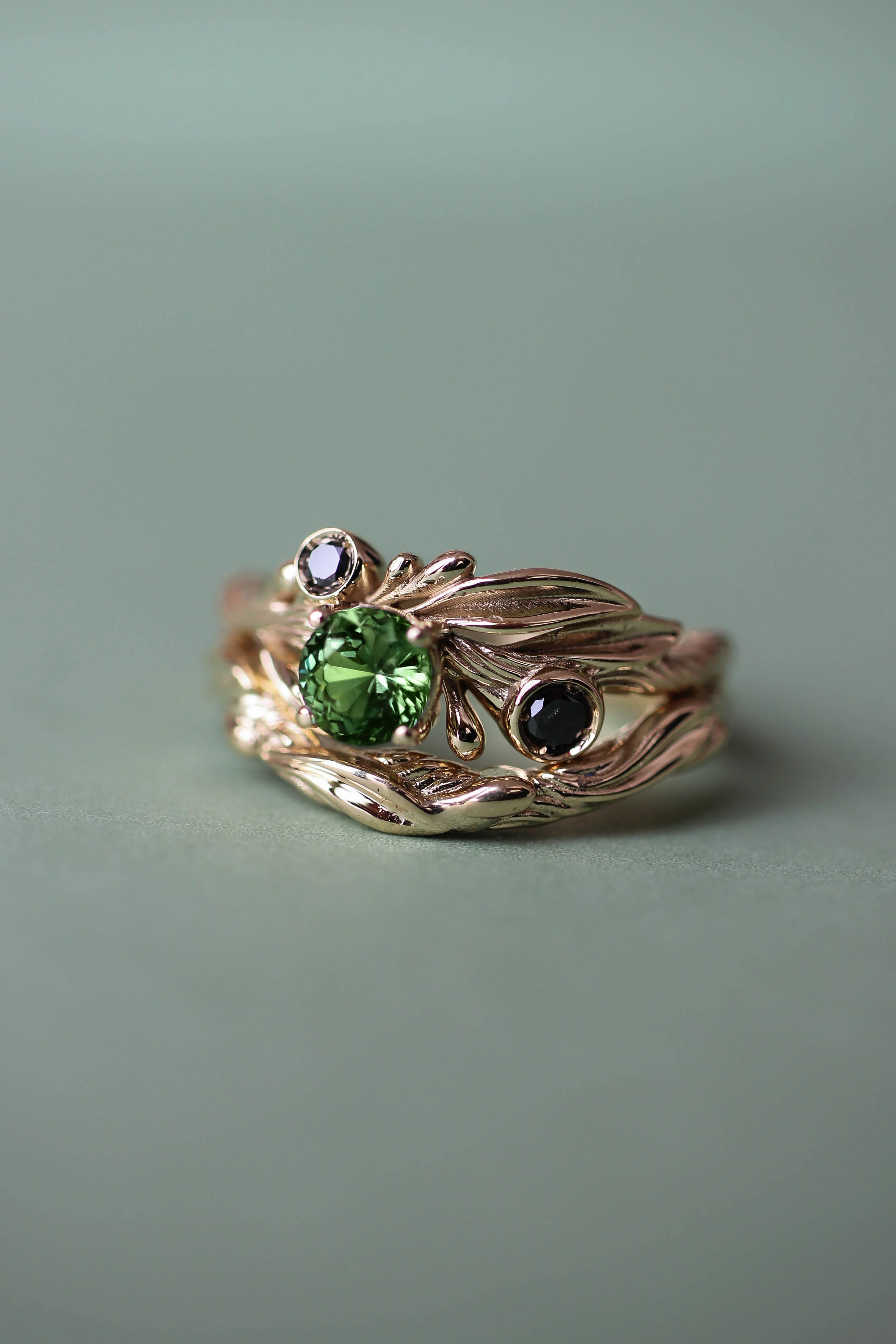 Olive branch ring with green tourmaline and black diamonds / Olivia - Image 7