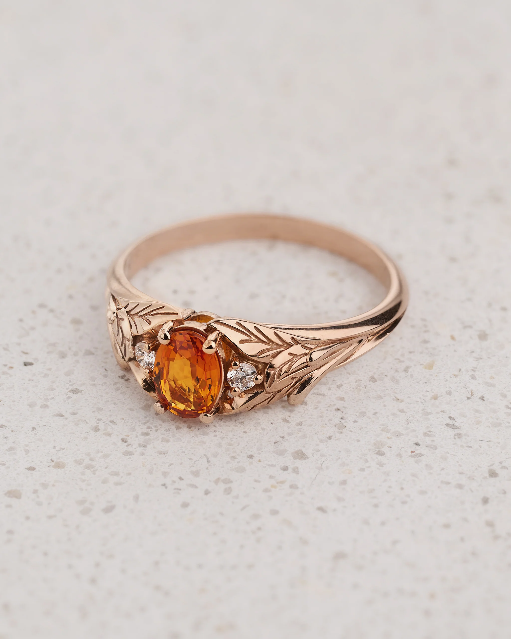 Orange sapphire engagement ring with diamonds, leaf engagement ring / Wisteria - Image 4