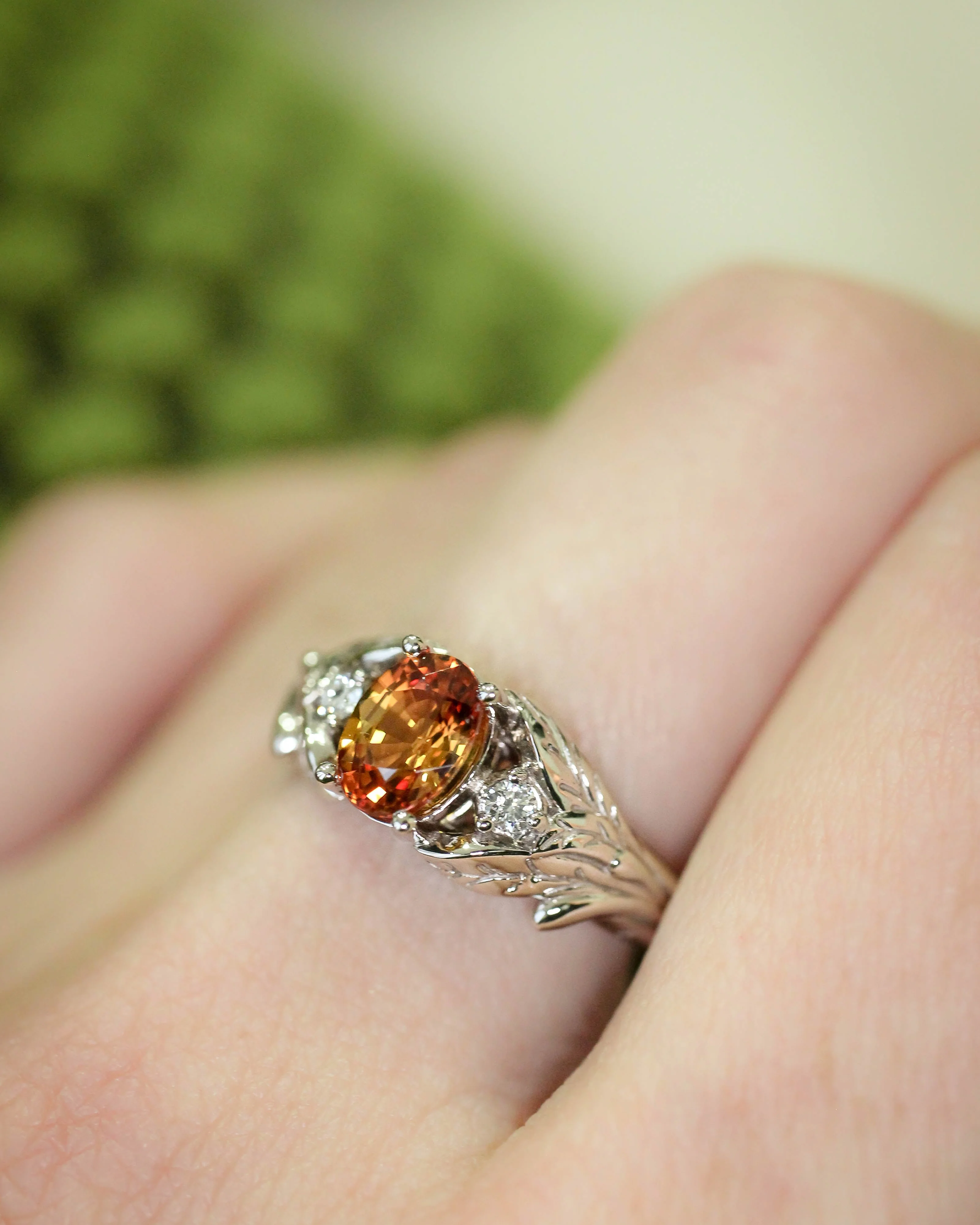 Orange sapphire engagement ring with diamonds, leaf engagement ring / Wisteria - Image 5