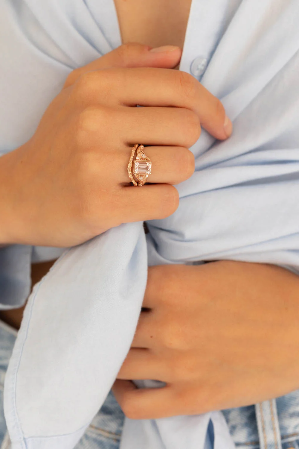 Patricia asymmetric | custom bridal ring set for emerald cut gemstone 8x6 mm - Image 3