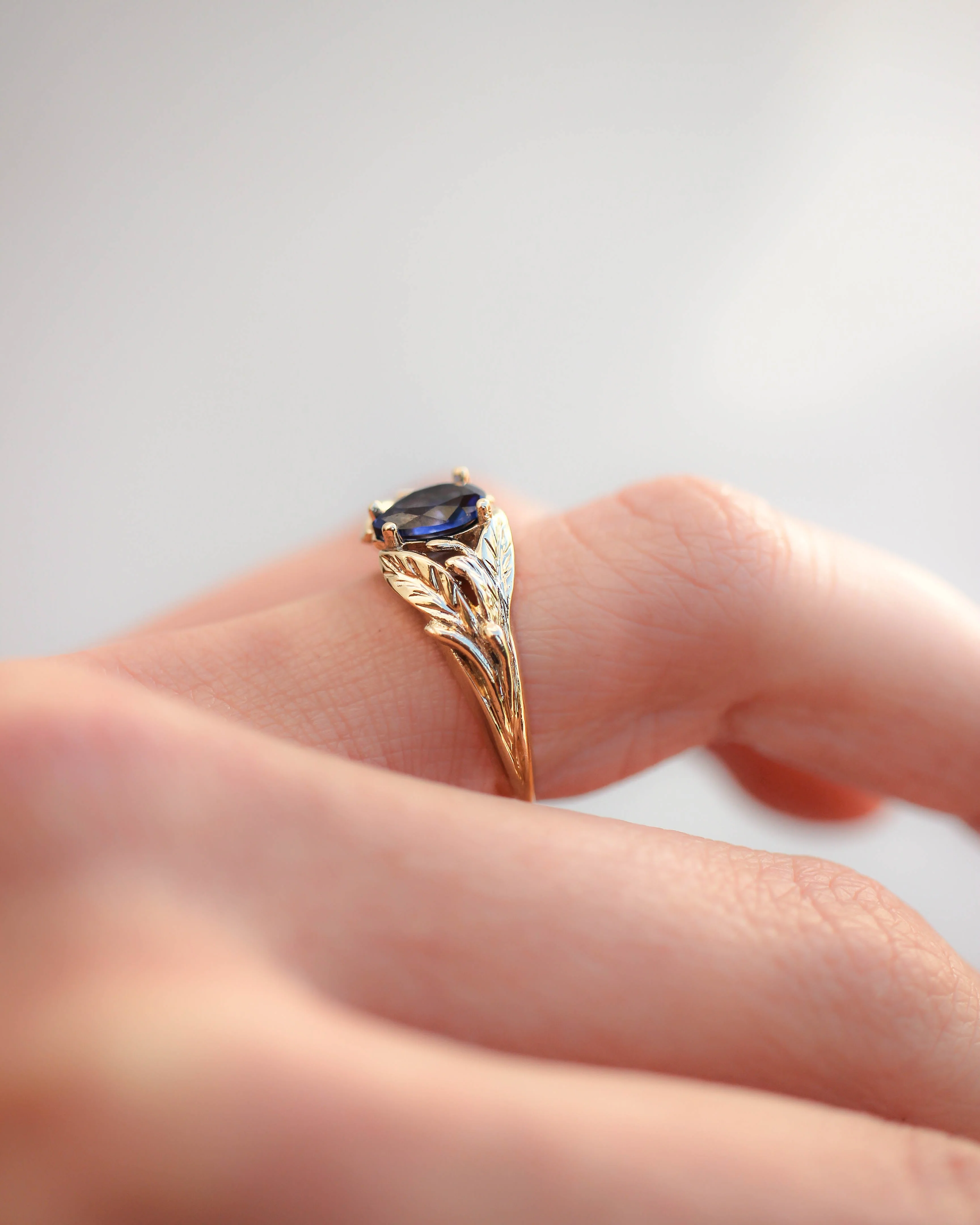Blue lab sapphire ring, gold leaves engagement ring / Wisteria - Image 4