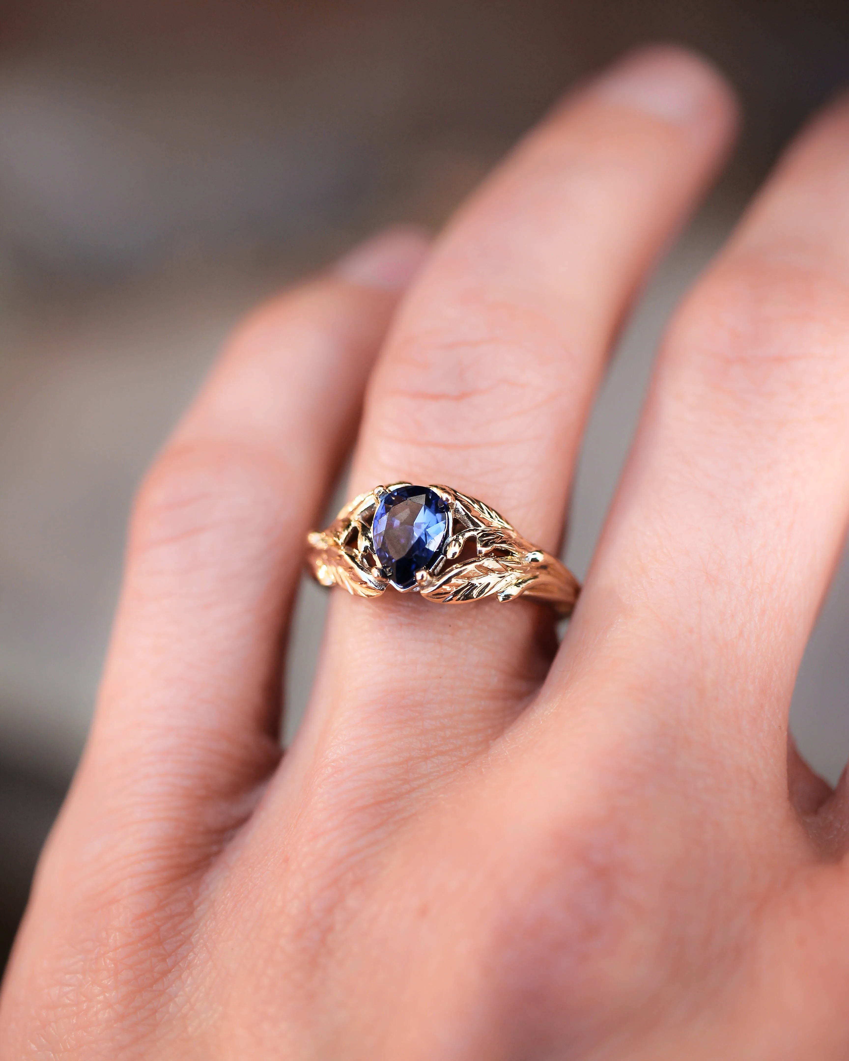 Blue lab sapphire ring, gold leaves engagement ring / Wisteria - Image 7