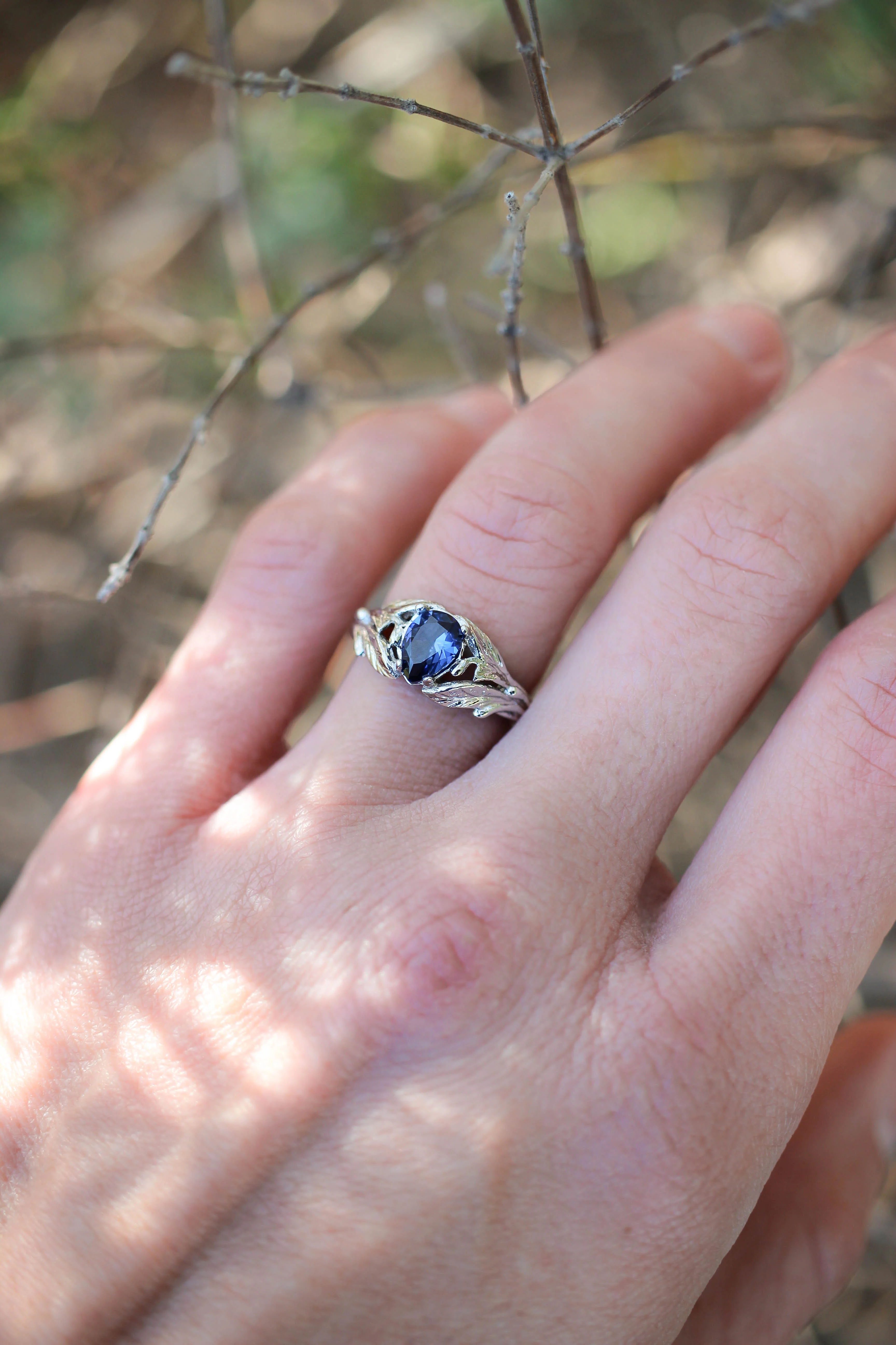 Pear cut sapphire ring, nature engagement ring / Wisteria - Image 10