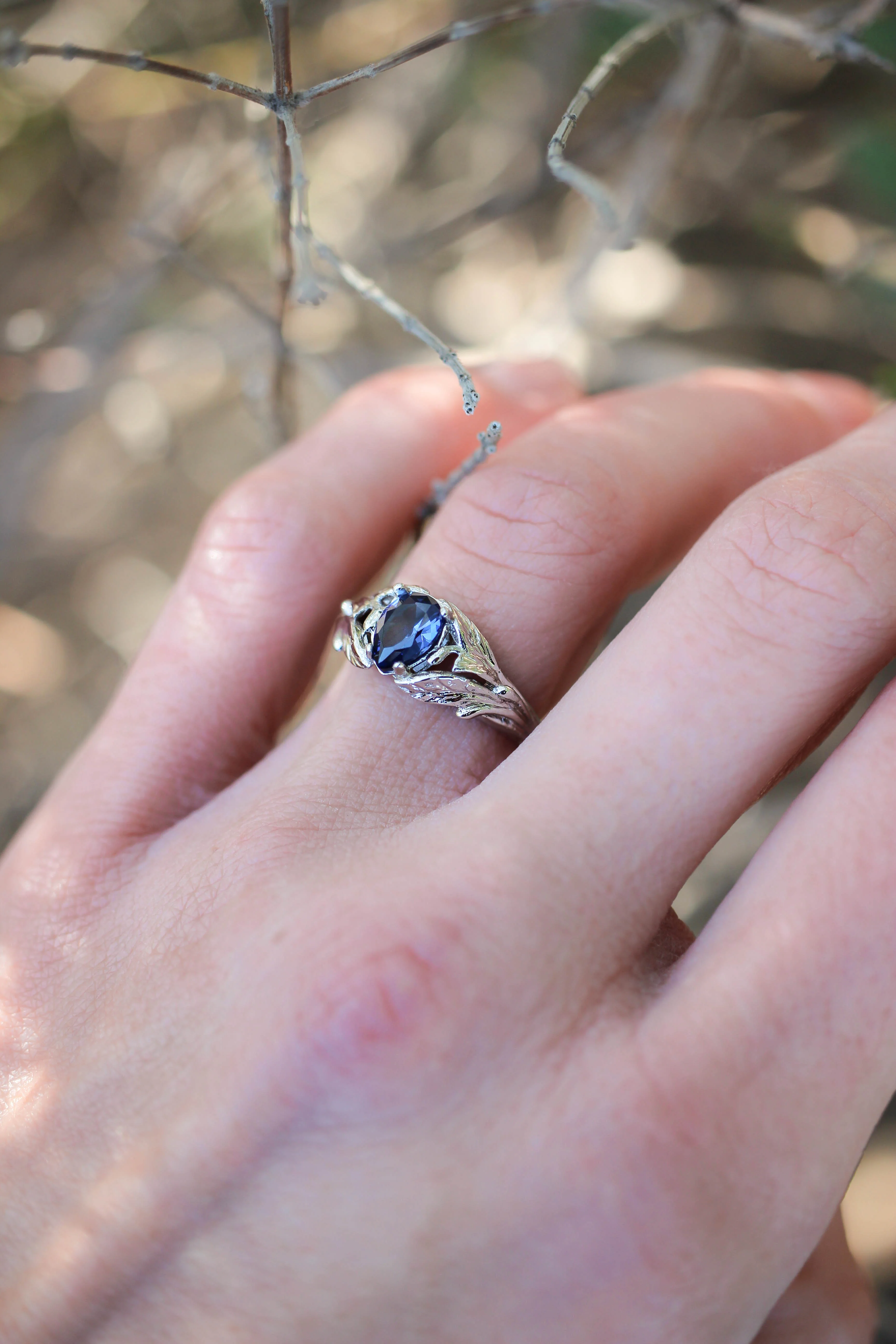 Pear cut sapphire ring, nature engagement ring / Wisteria - Image 8