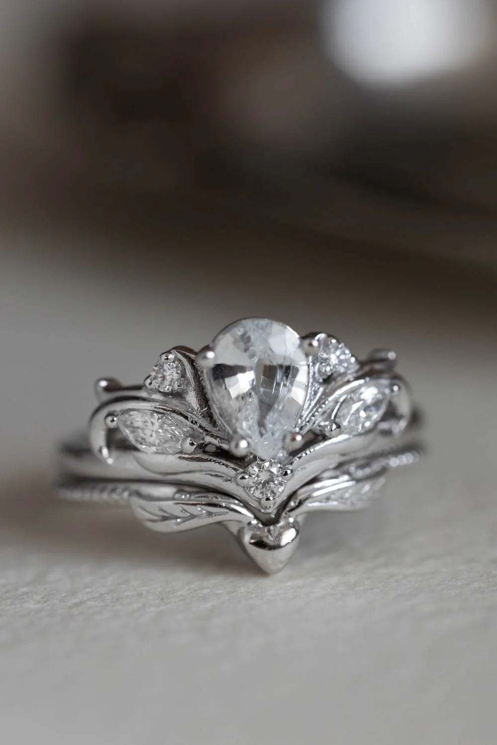 Pear cut white sapphire engagement ring, white gold fantasy ring with diamonds / Swanlake - Image 3