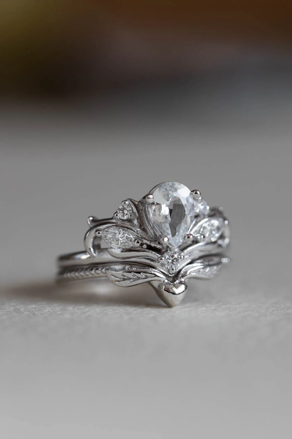 Pear cut white sapphire engagement ring, white gold fantasy ring with diamonds / Swanlake - Image 4