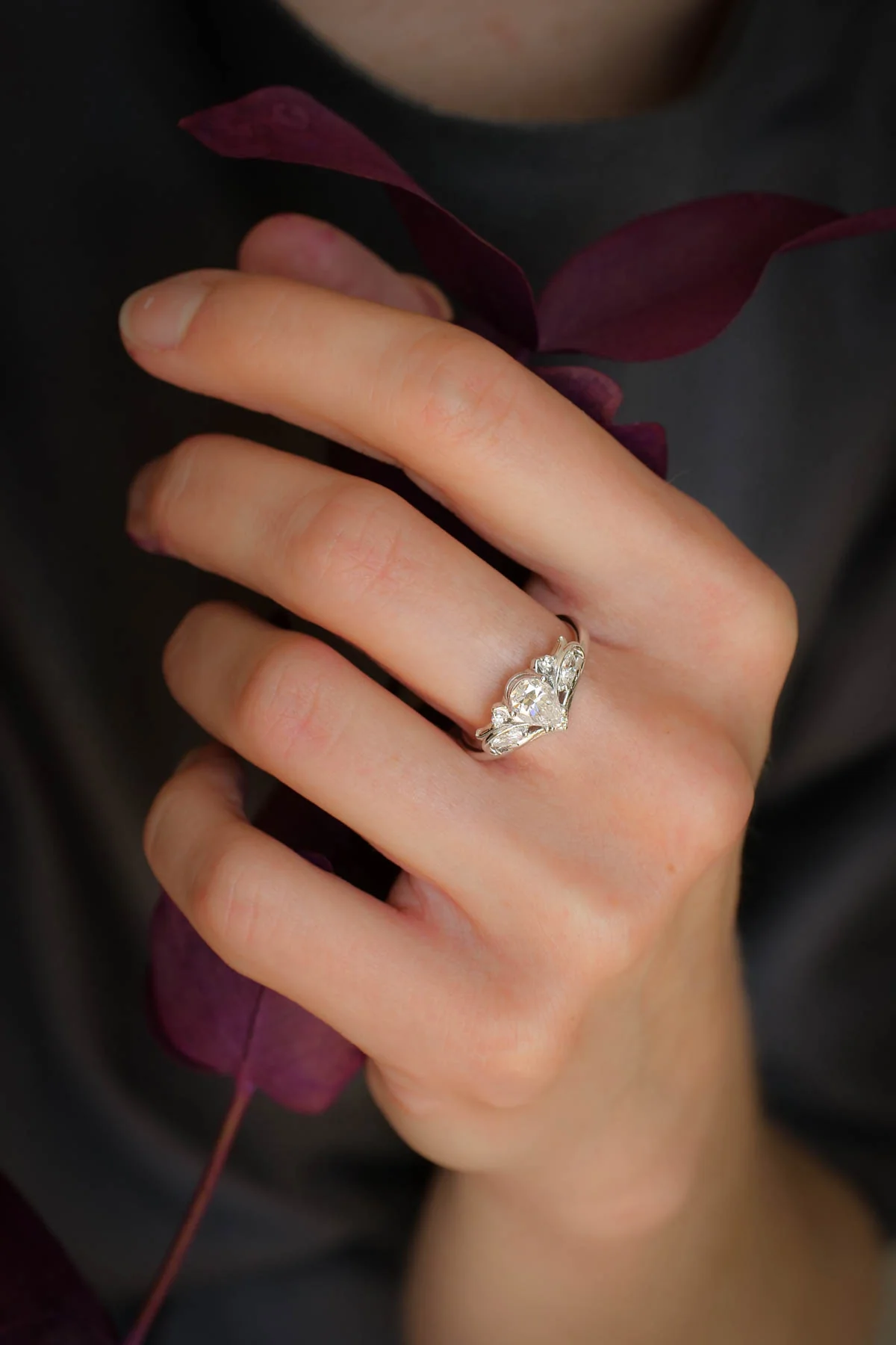 Pear cut white sapphire engagement ring, white gold fantasy ring with diamonds / Swanlake - Image 5