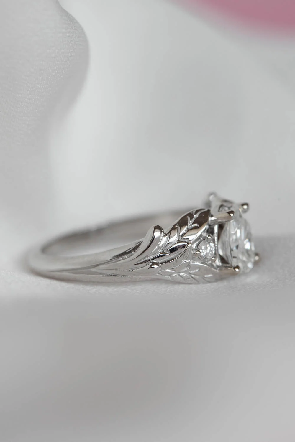 Pear cut white sapphire engagement ring, leaf ring with accent diamonds / Wisteria - Image 3