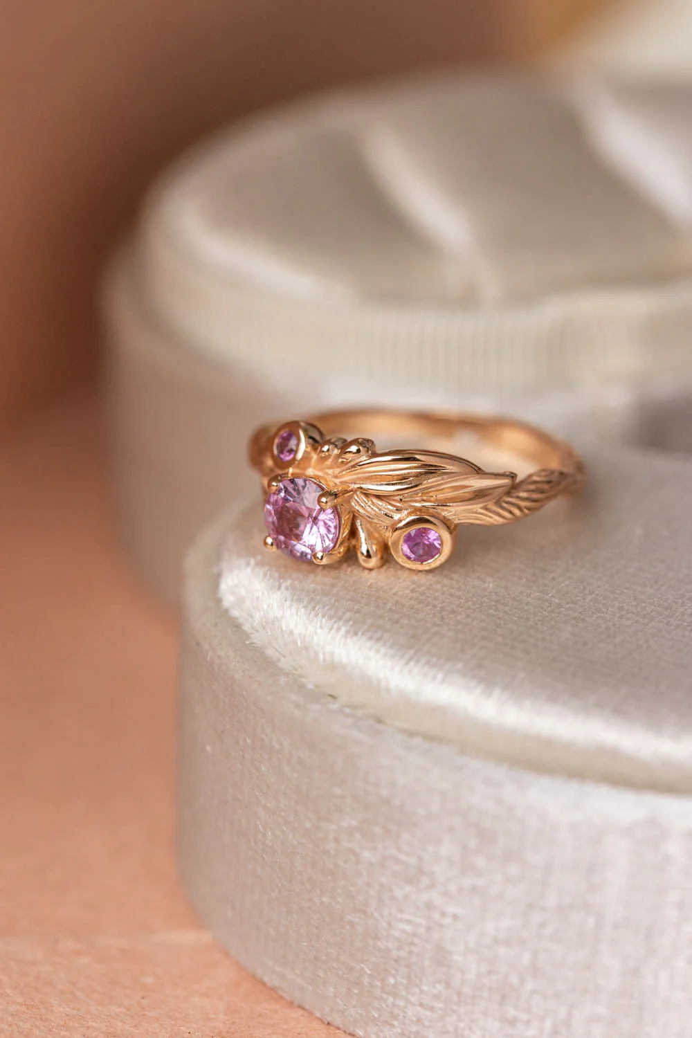 Pink sapphires engagement ring, olive branch gold ring with sapphires / Olivia - Image 6