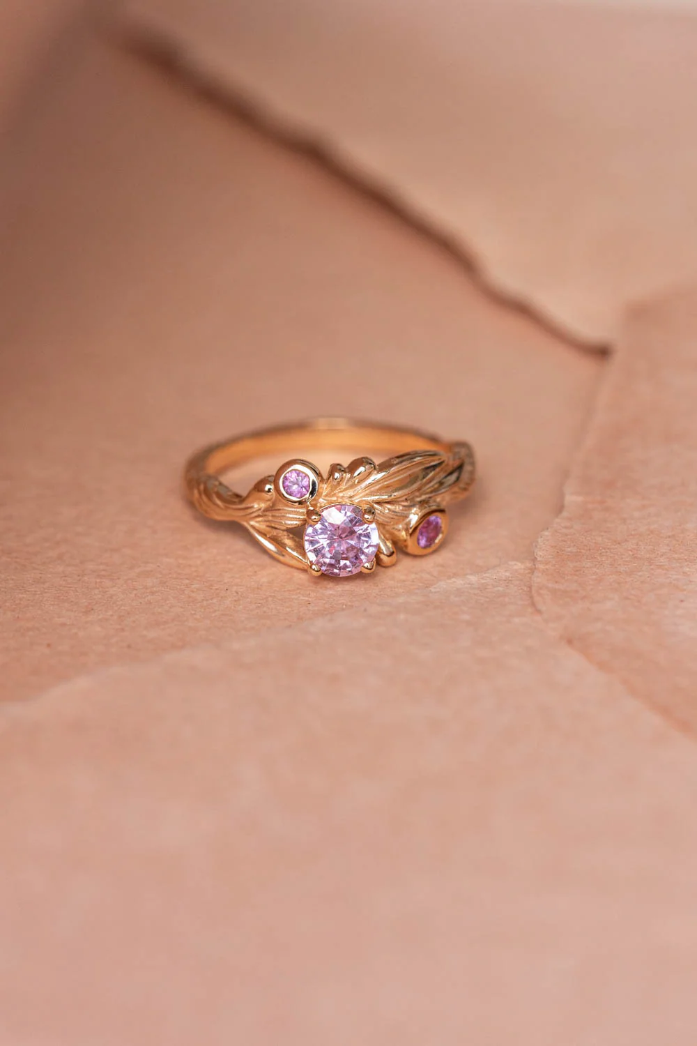 Pink sapphires engagement ring, olive branch gold ring with sapphires / Olivia - Image 7