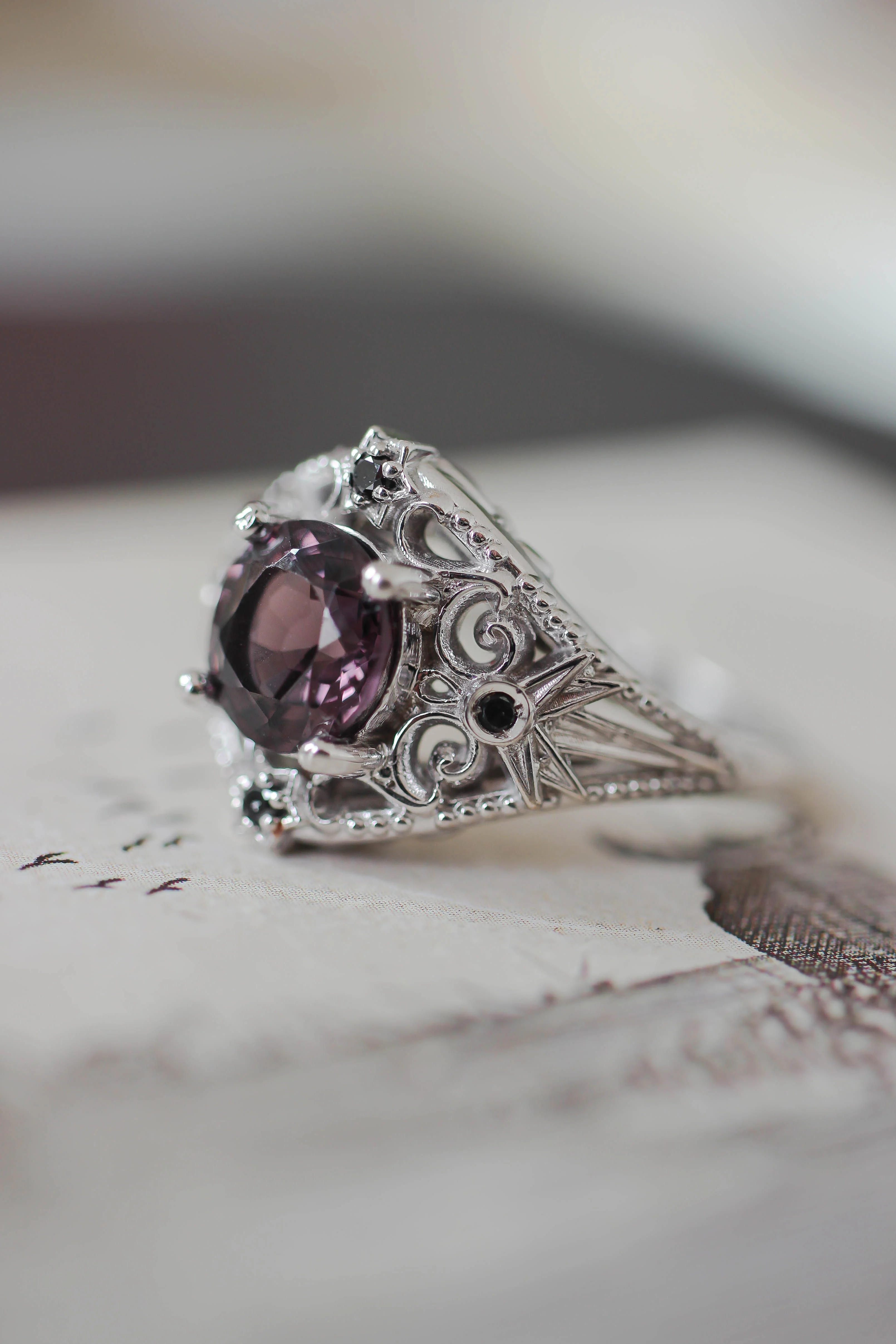 Purple spinel and black diamonds ring, stars engagement ring / Galaxia - Image 3
