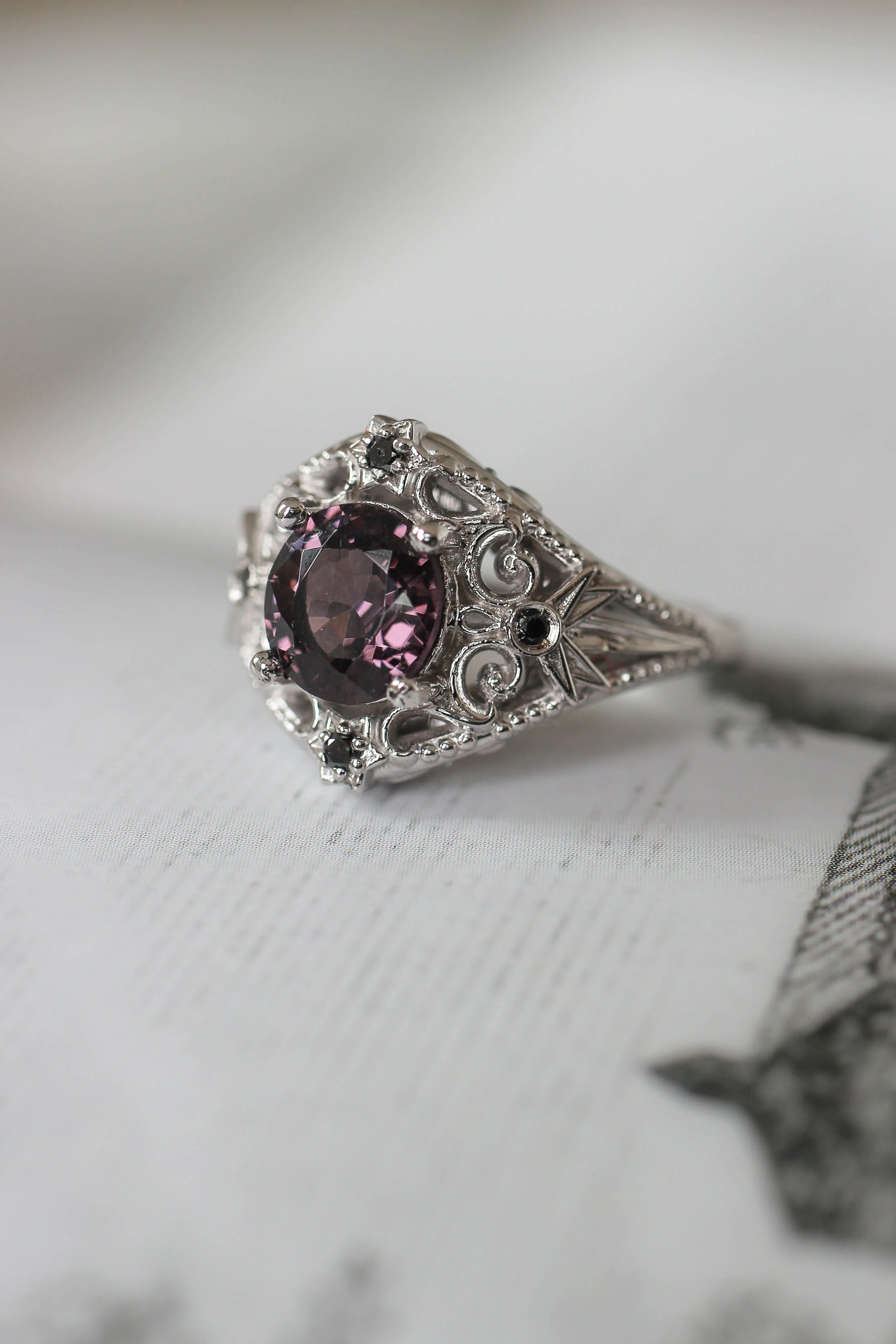 Purple spinel and black diamonds ring, stars engagement ring / Galaxia - Image 4