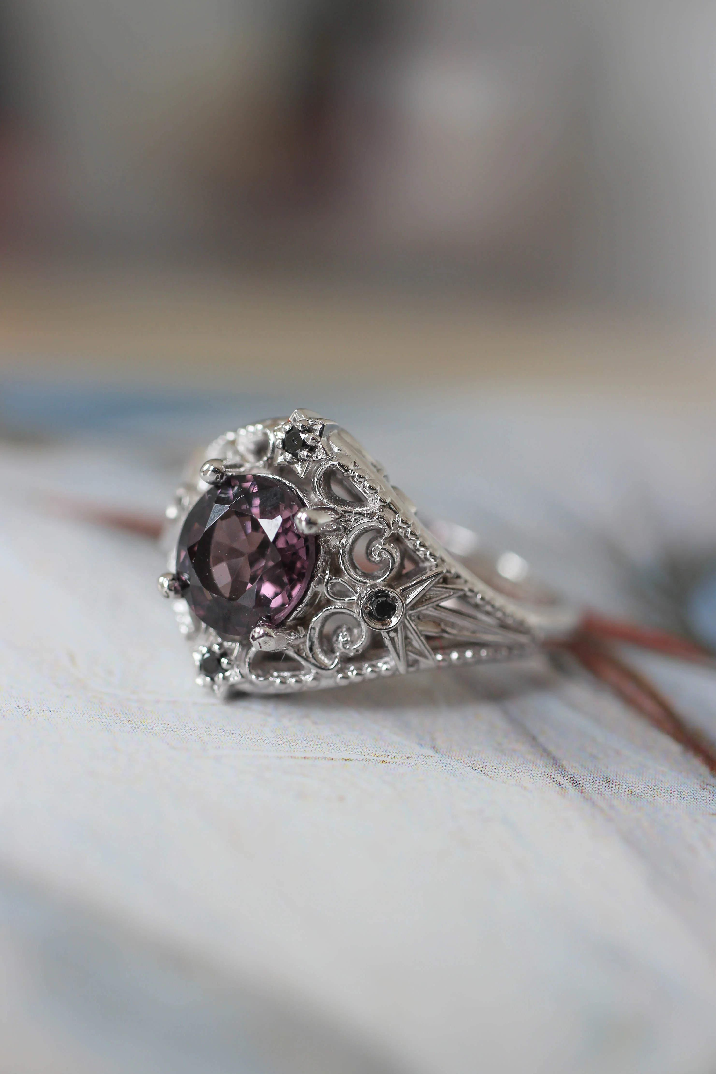 Purple spinel and black diamonds ring, stars engagement ring / Galaxia - Image 6