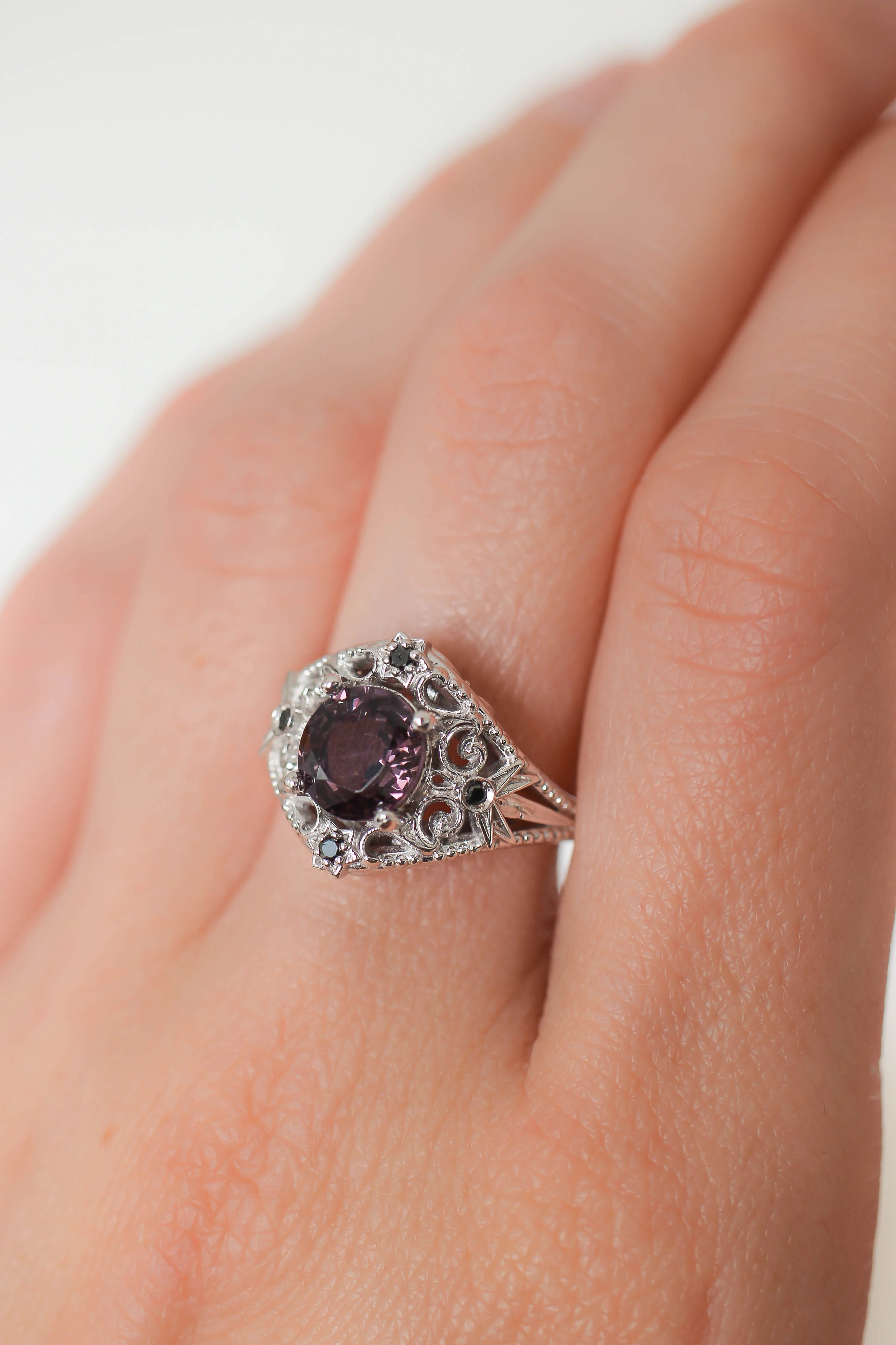 Purple spinel and black diamonds ring, stars engagement ring / Galaxia - Image 7