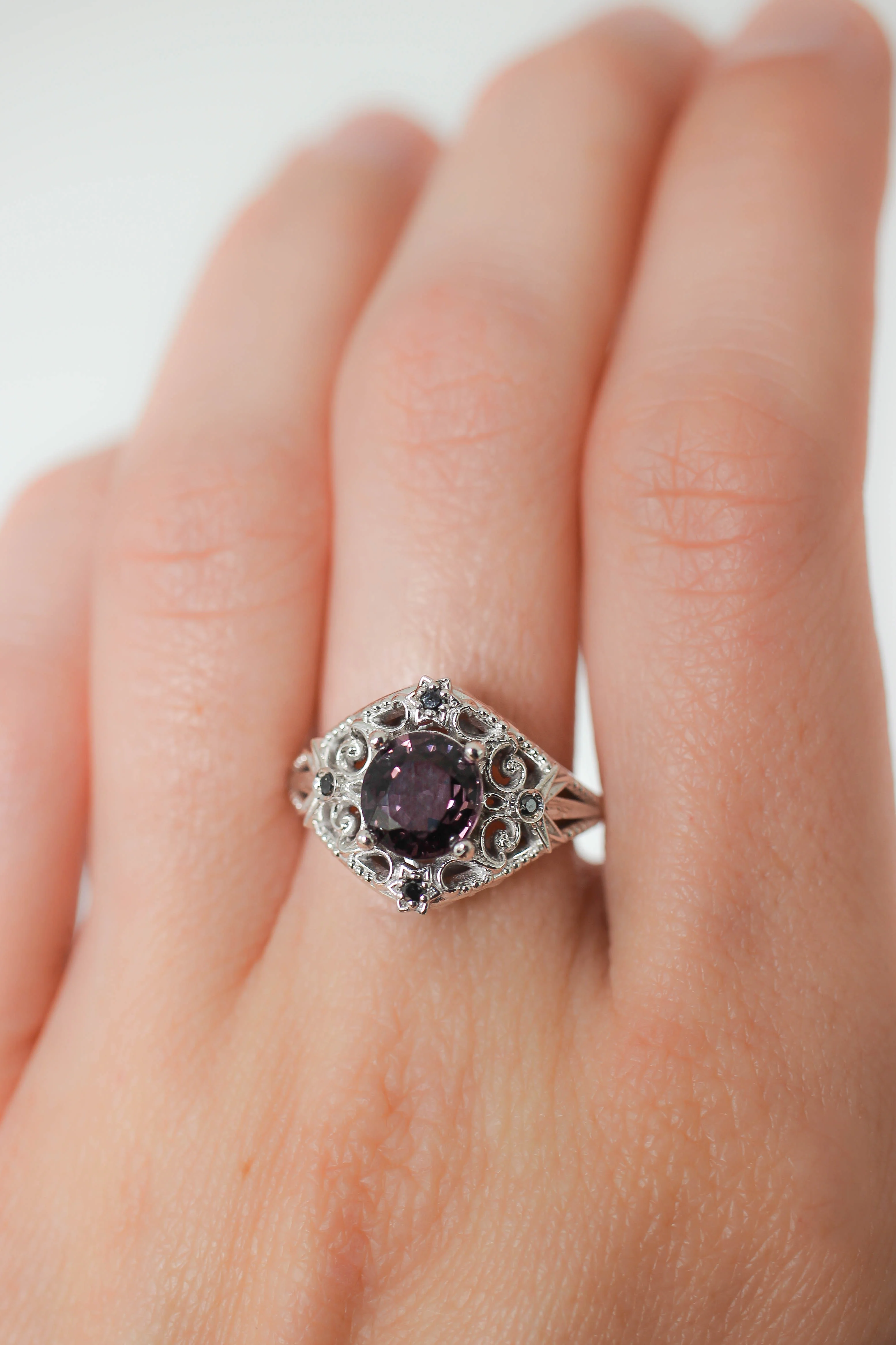 Purple spinel and black diamonds ring, stars engagement ring / Galaxia - Image 8