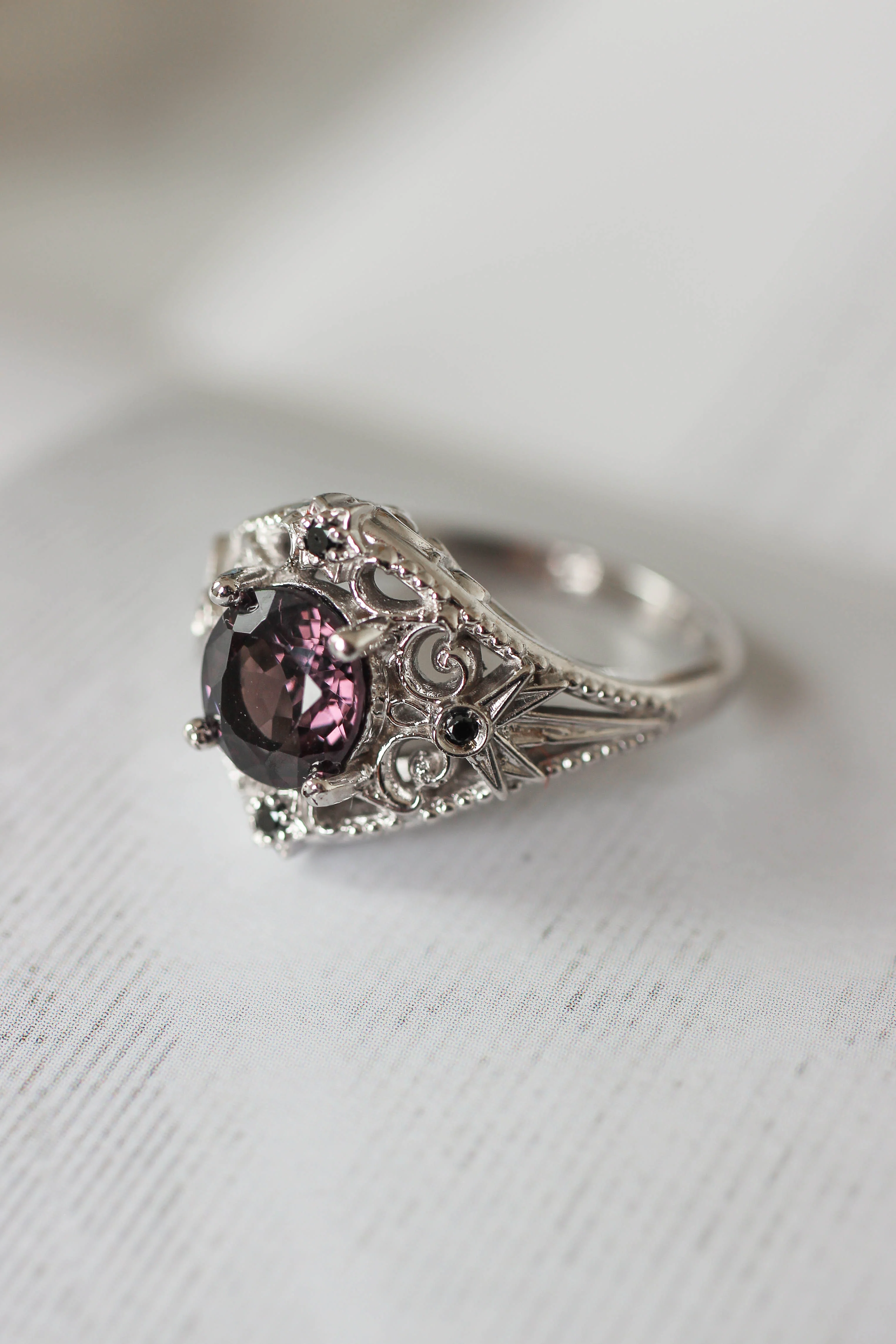 Purple spinel and black diamonds ring, stars engagement ring / Galaxia - Image 9