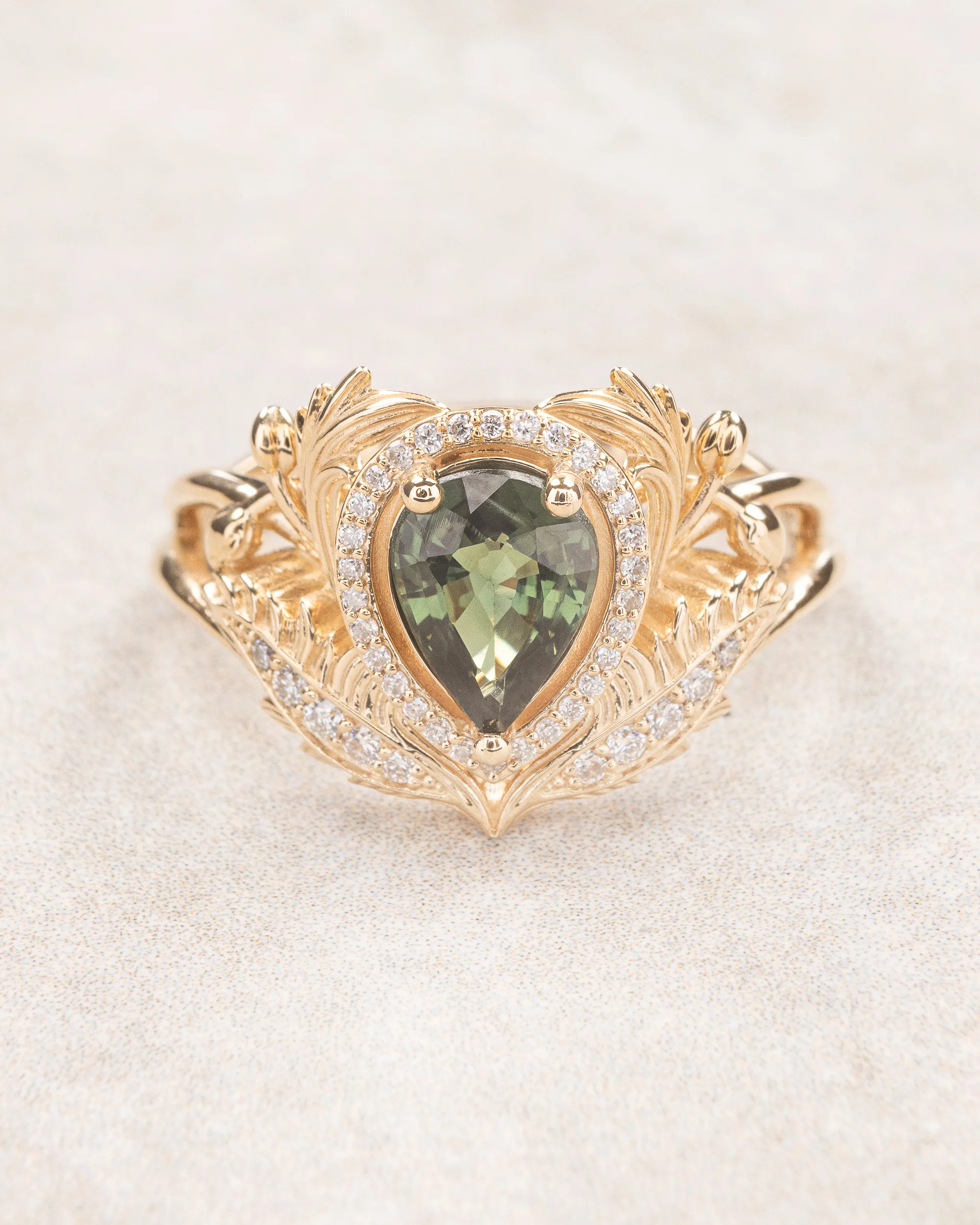 Green sapphire engagement ring with diamond halo / Adonis halo - Image 3