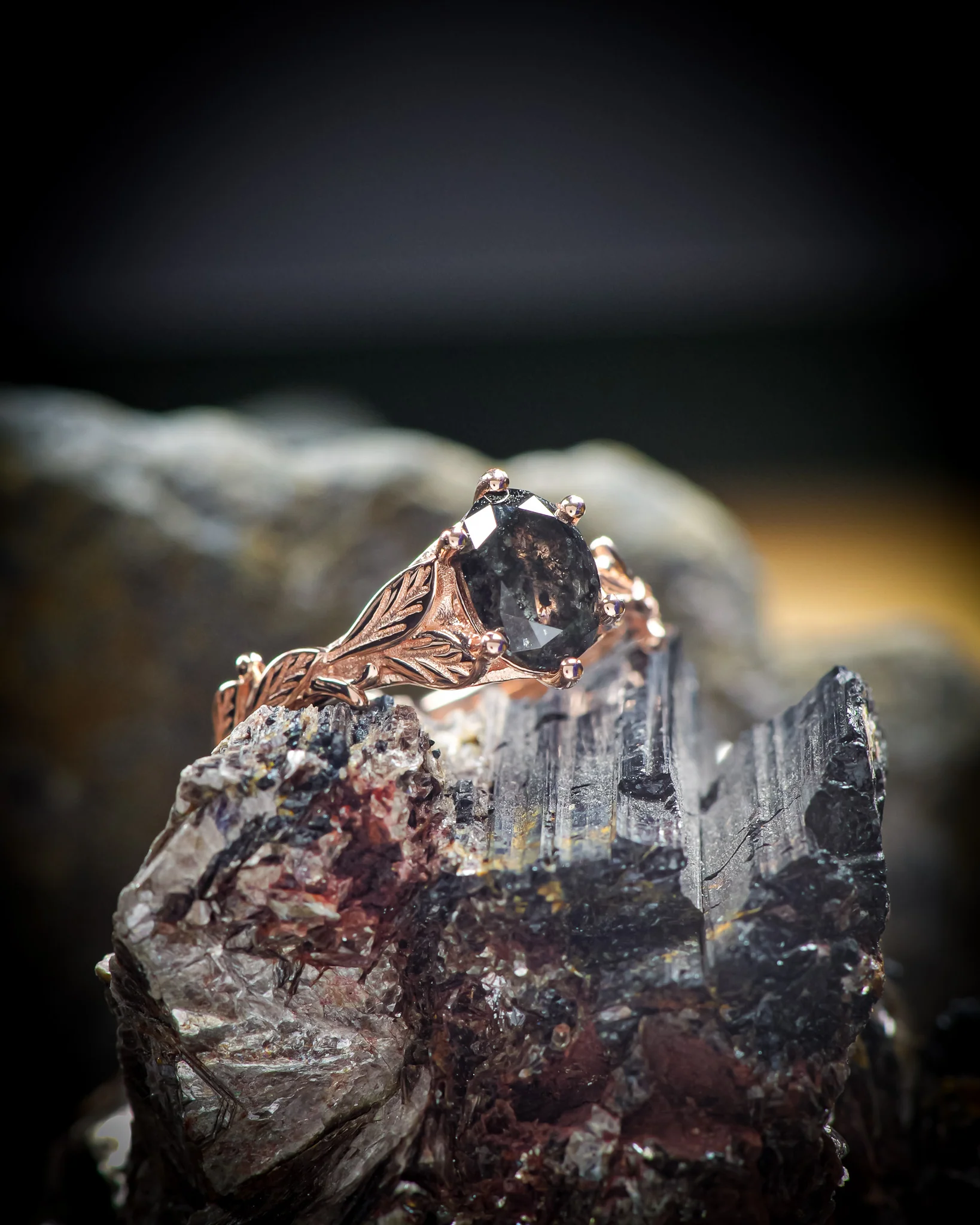 READY TO SHIP: Freesia natural salt & pepper diamond engagement ring, 8x6 mm oval cut, AVAILABLE RING SIZES: 5.75 - 8.75 US - Image 3