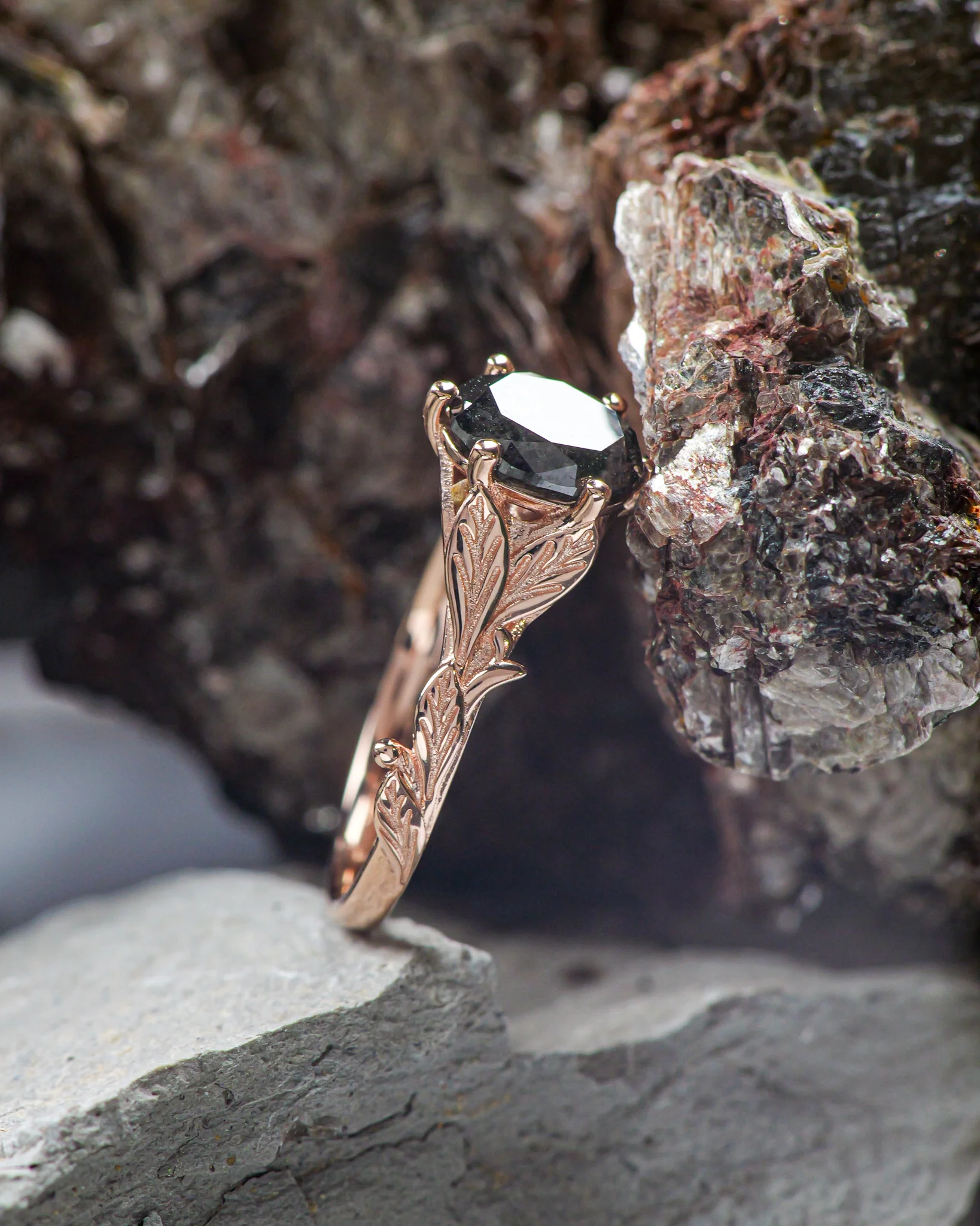 READY TO SHIP: Freesia natural salt & pepper diamond engagement ring, 8x6 mm oval cut, AVAILABLE RING SIZES: 5.75 - 8.75 US - Image 4