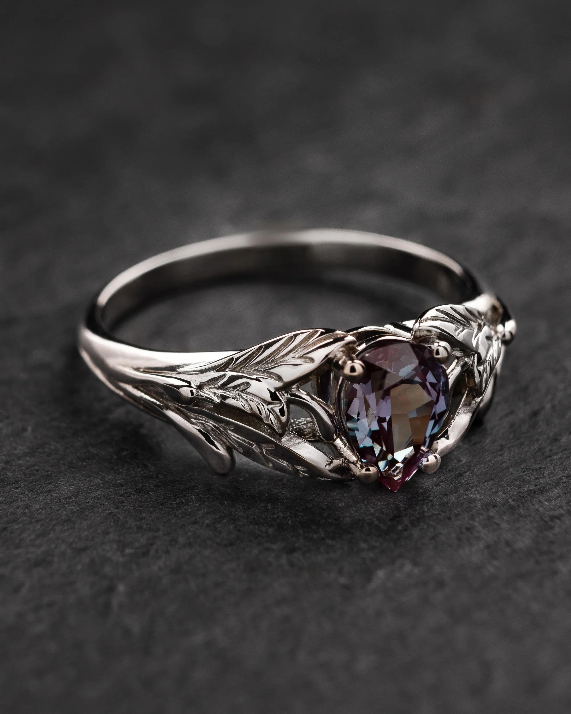 Pear alexandrite ring, gold leaves engagement ring / Wisteria - Image 3