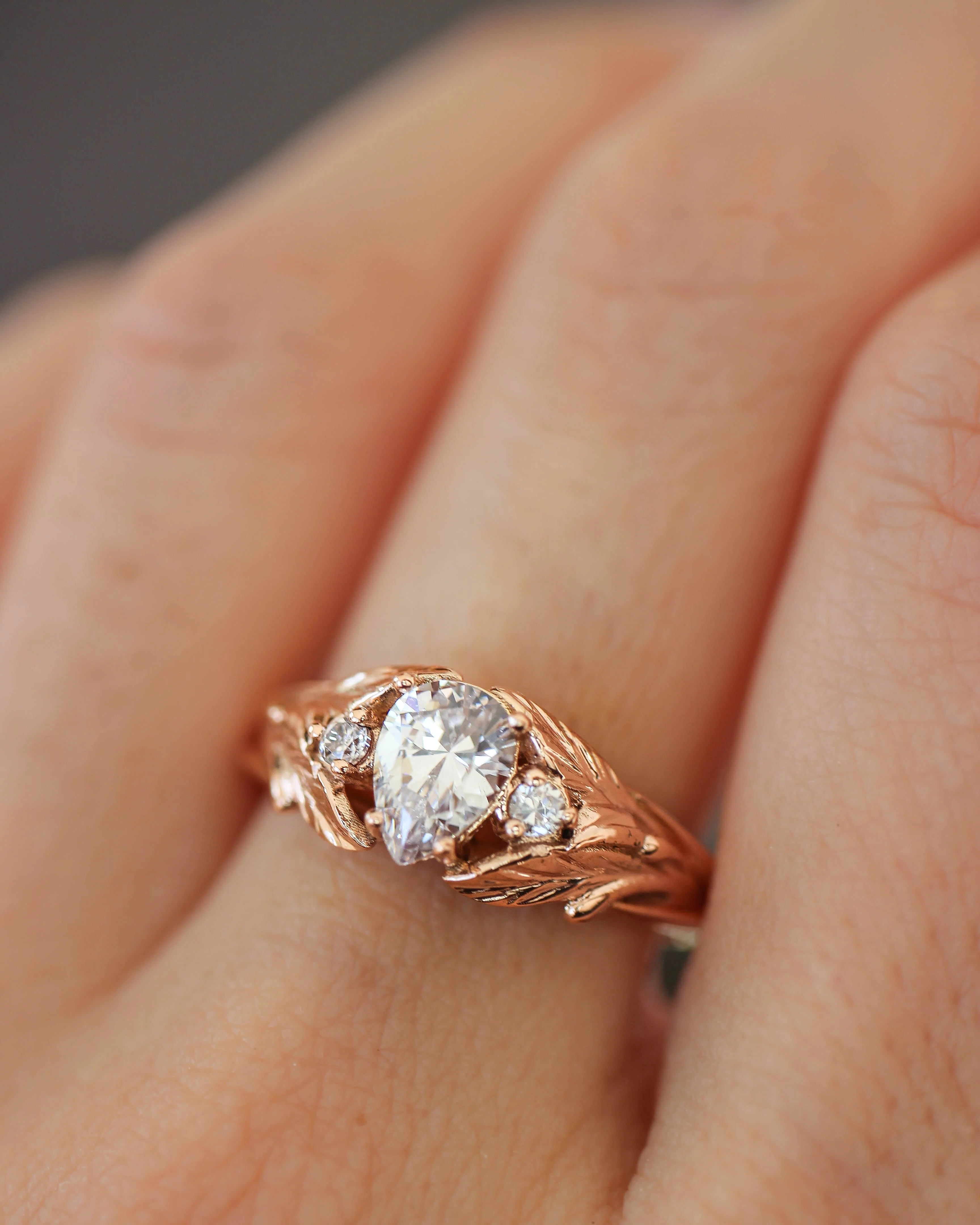 Pear cut lab grown diamond engagement ring, gold leaf style wedding band / Wisteria - Image 5