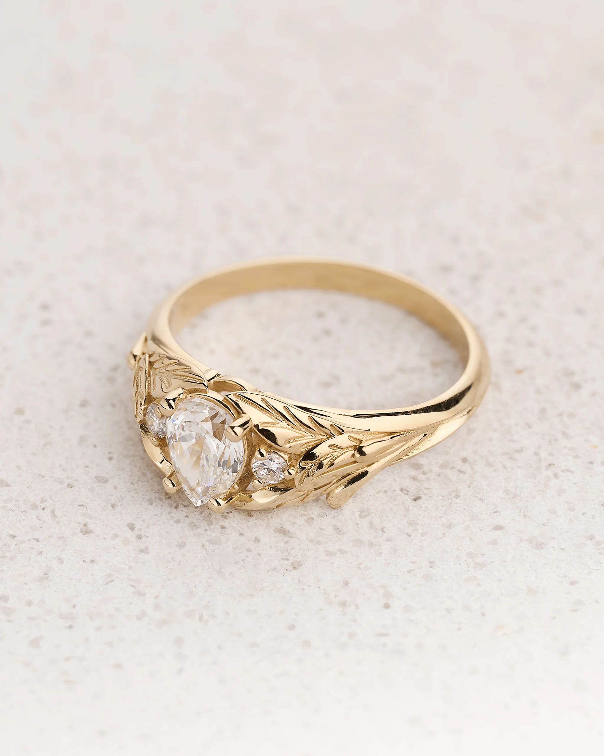 Pear cut lab grown diamond engagement ring, gold leaf style wedding band / Wisteria - Image 4