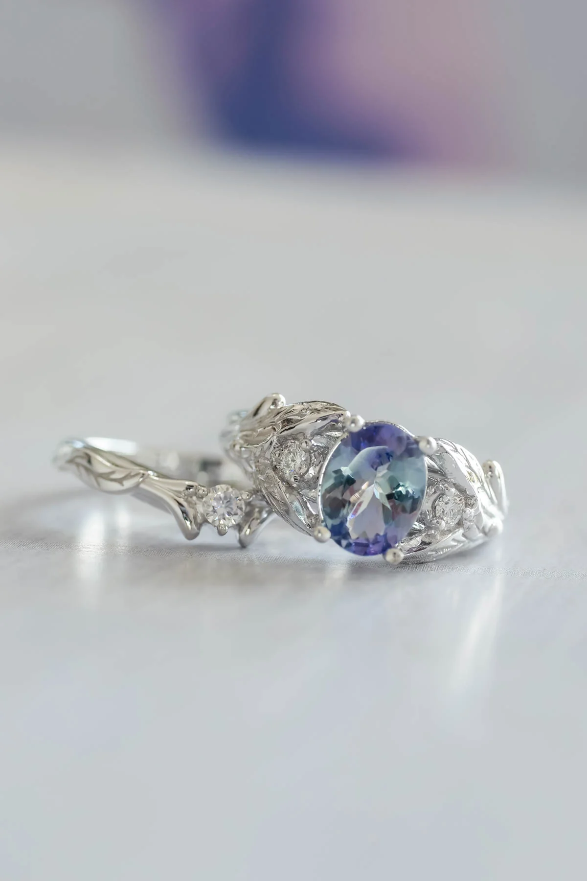 Tanzanite bridal ring set, gold leaf rings with diamonds / Wisteria - Image 3