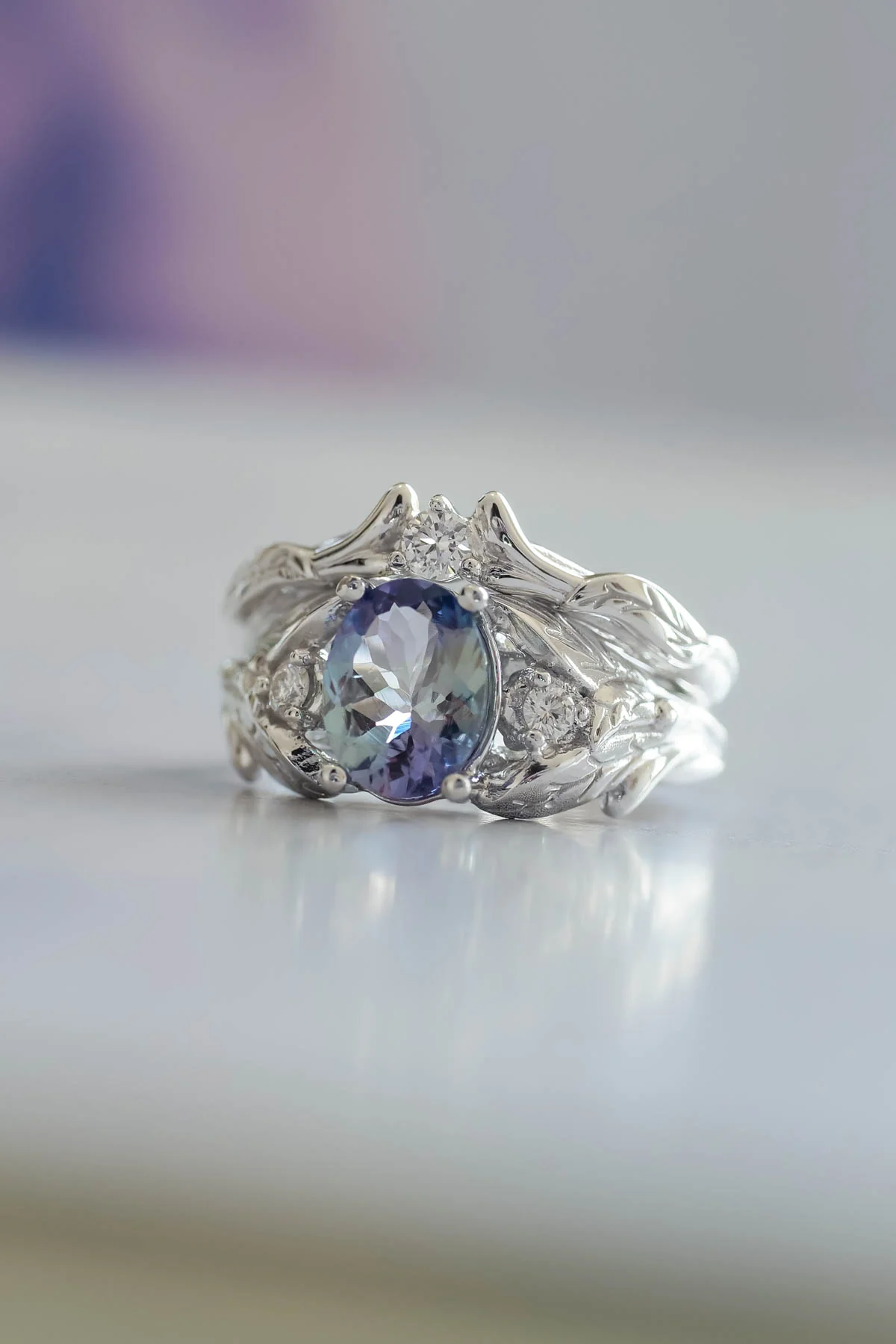 Tanzanite bridal ring set, gold leaf rings with diamonds / Wisteria - Image 4