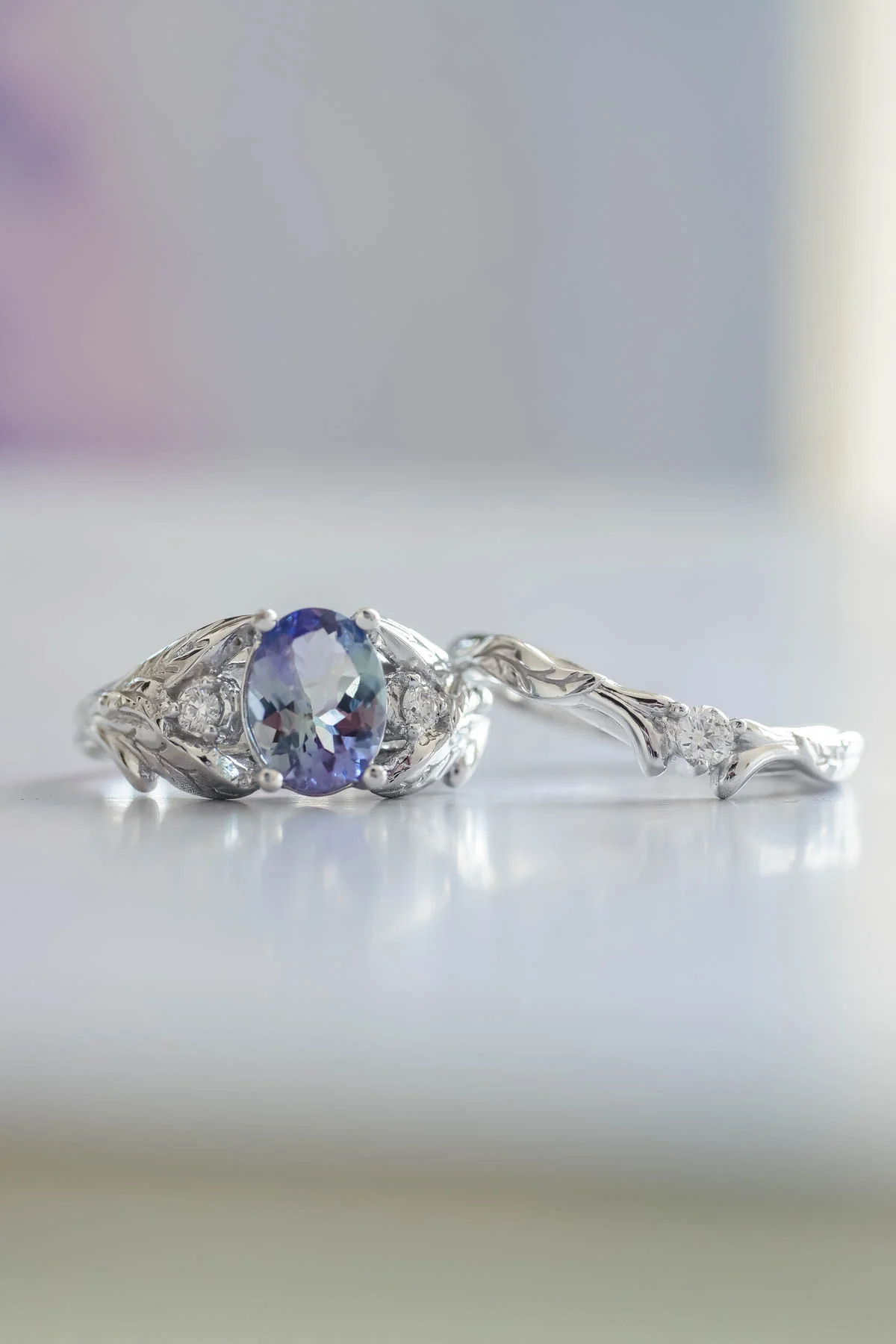 Tanzanite bridal ring set, gold leaf rings with diamonds / Wisteria - Image 8