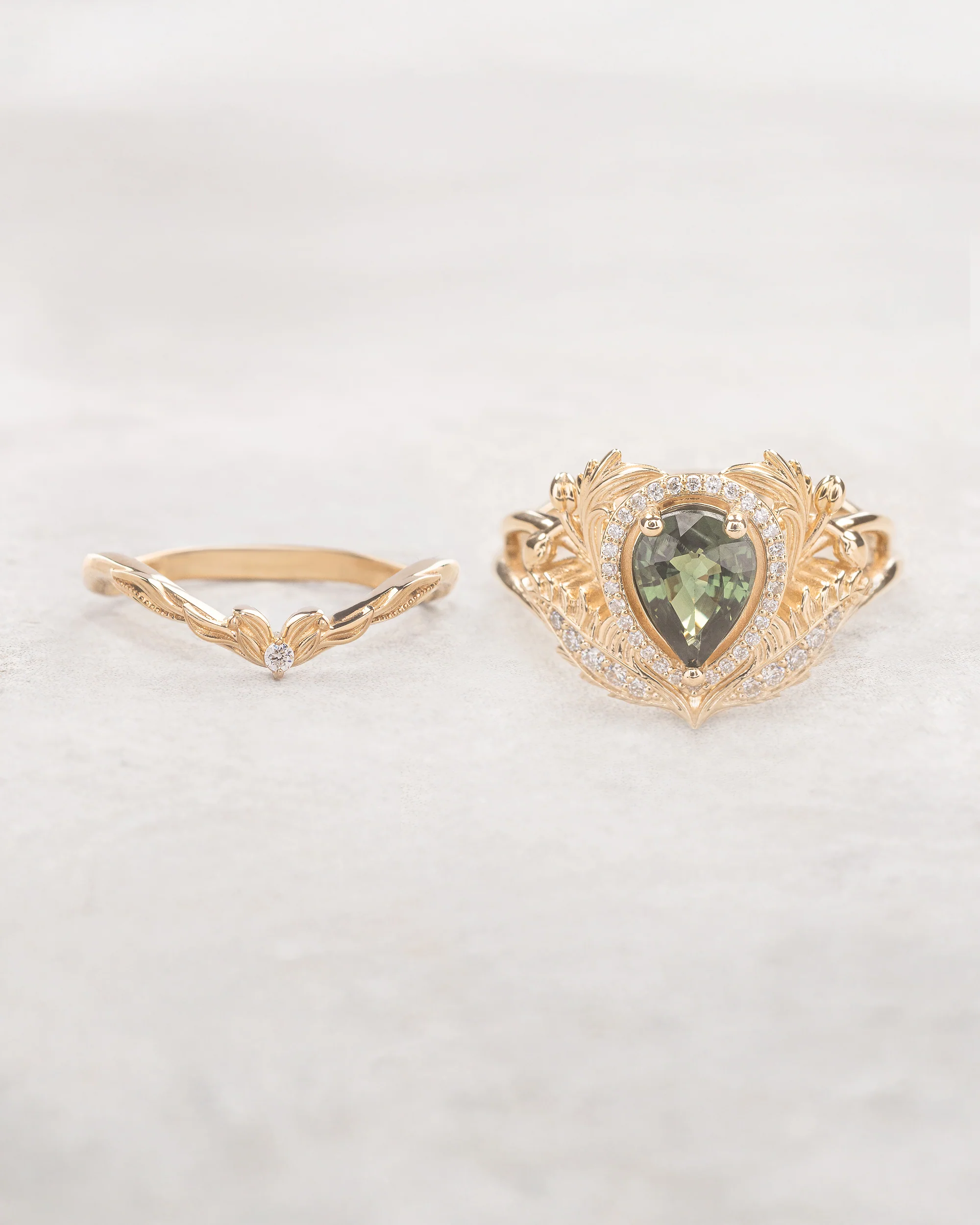 Green sapphire bridal ring set with diamond halo / Adonis halo - Image 3