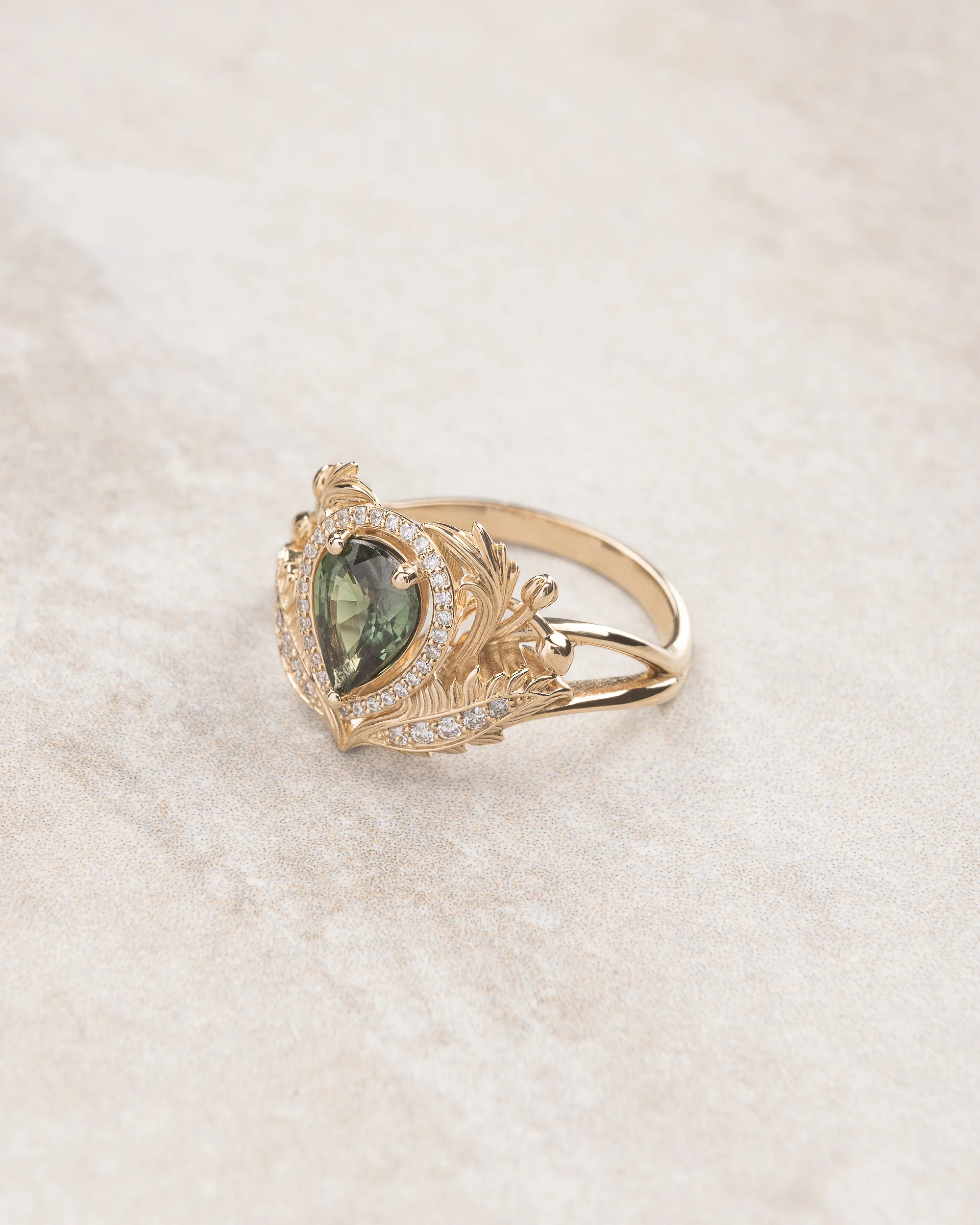 Green sapphire bridal ring set with diamond halo / Adonis halo - Image 4