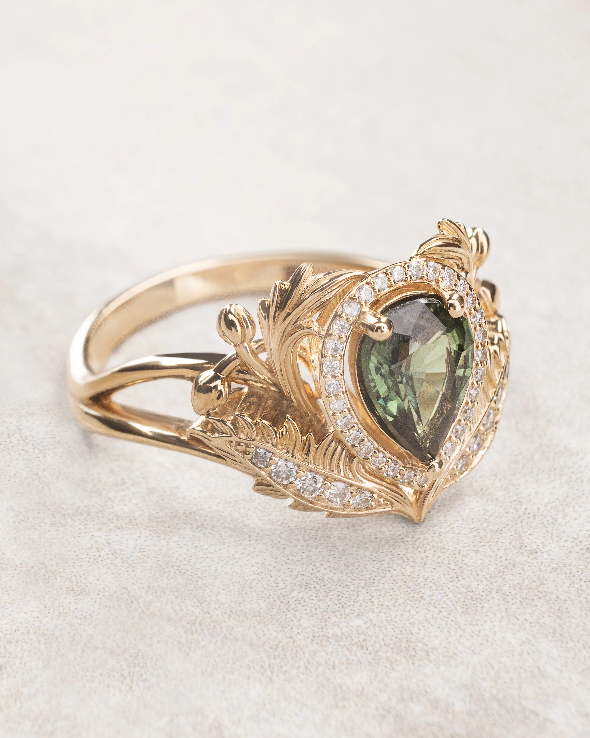Green sapphire bridal ring set with diamond halo / Adonis halo - Image 5