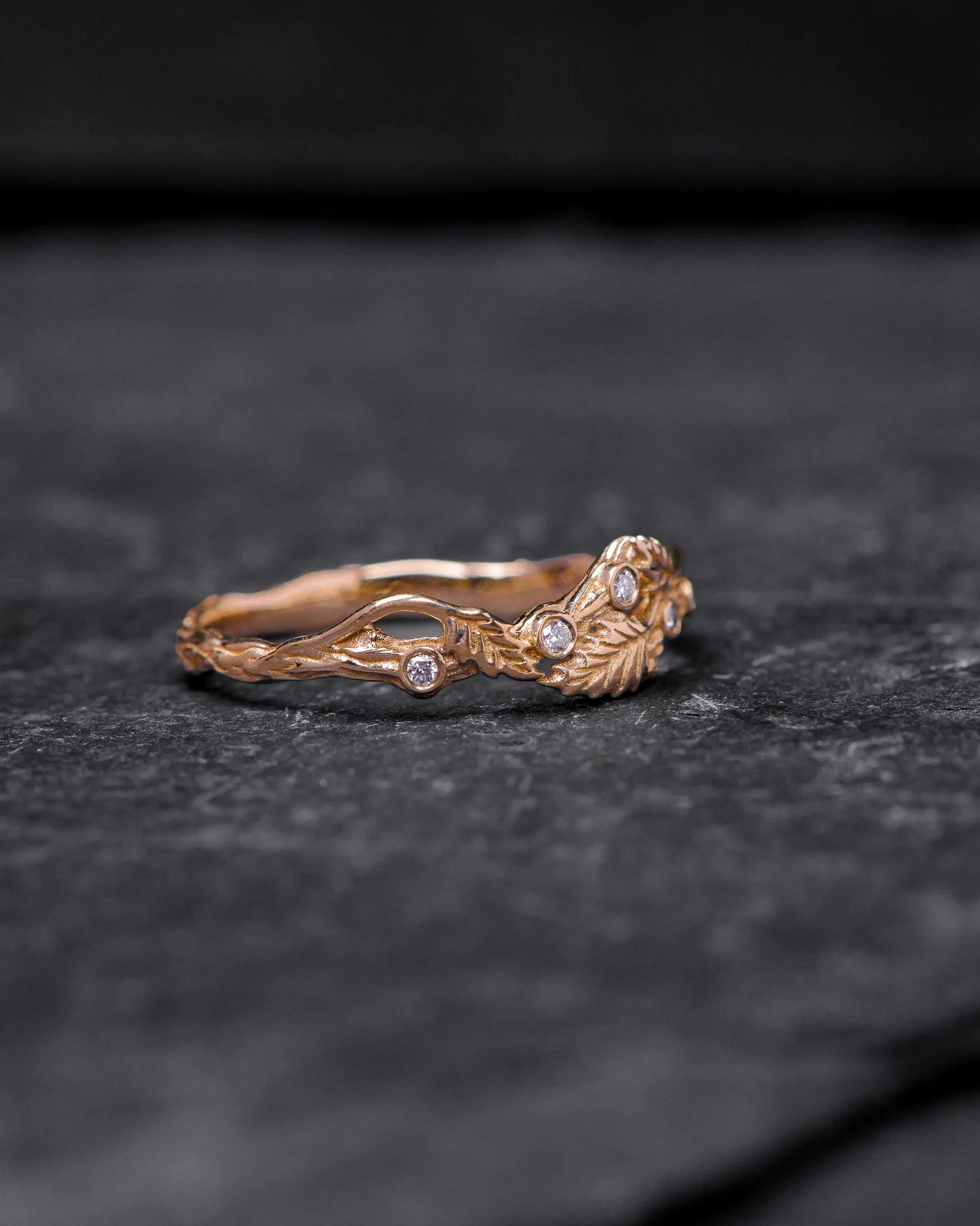Twig ring with diamonds and three leaves, branch wedding band - Image 3
