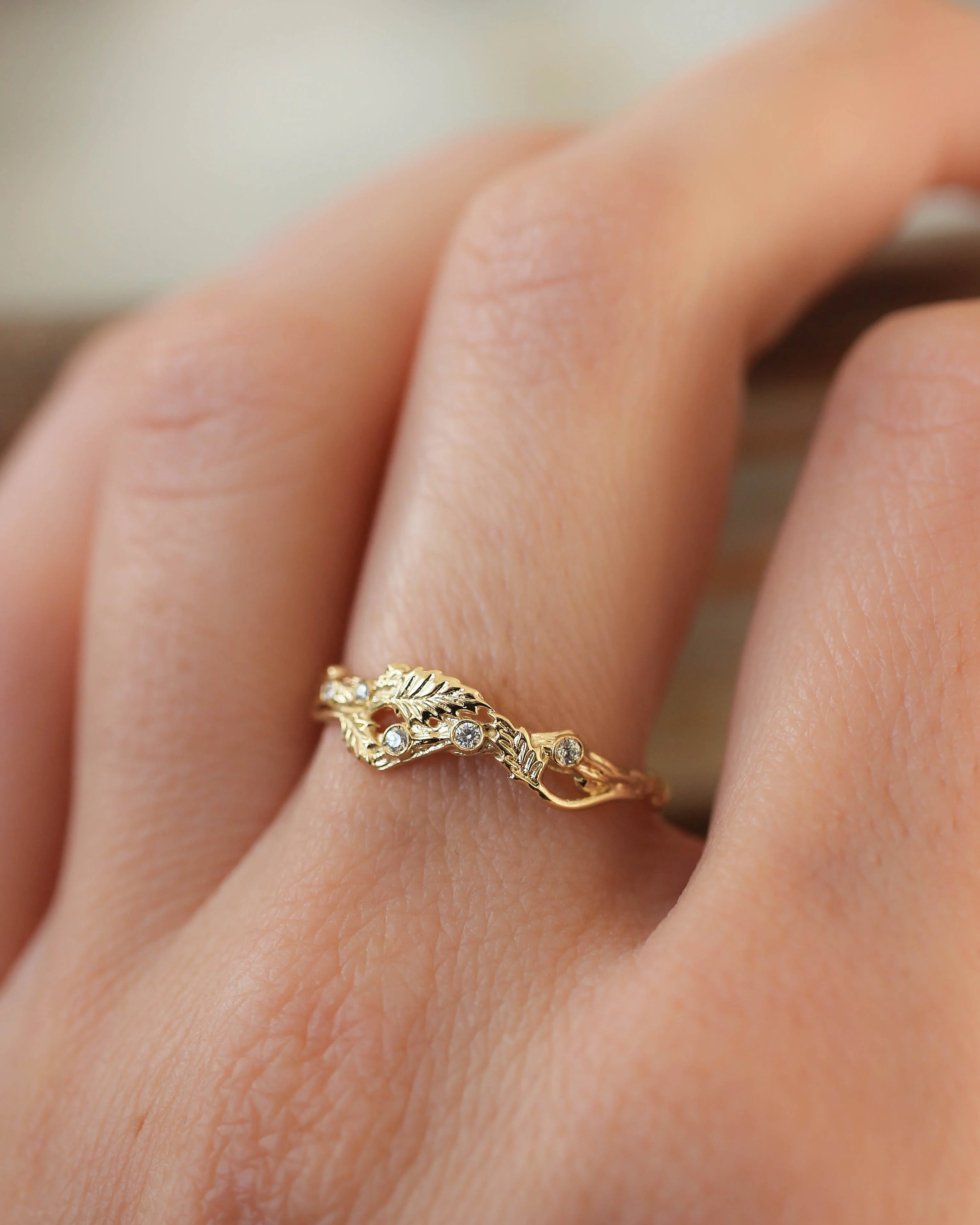 Twig ring with diamonds and three leaves, branch wedding band - Image 4