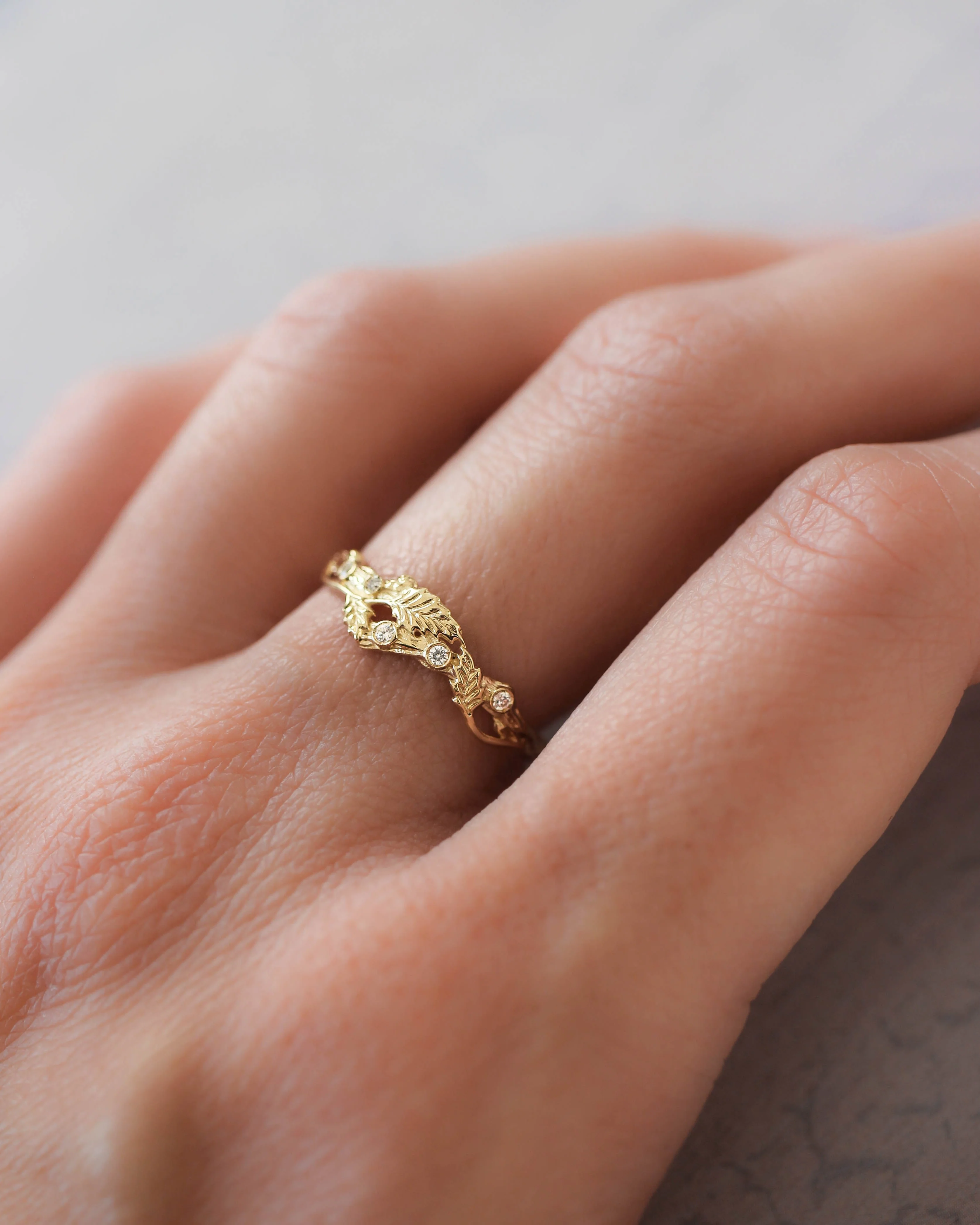 Twig ring with diamonds and three leaves, branch wedding band - Image 5