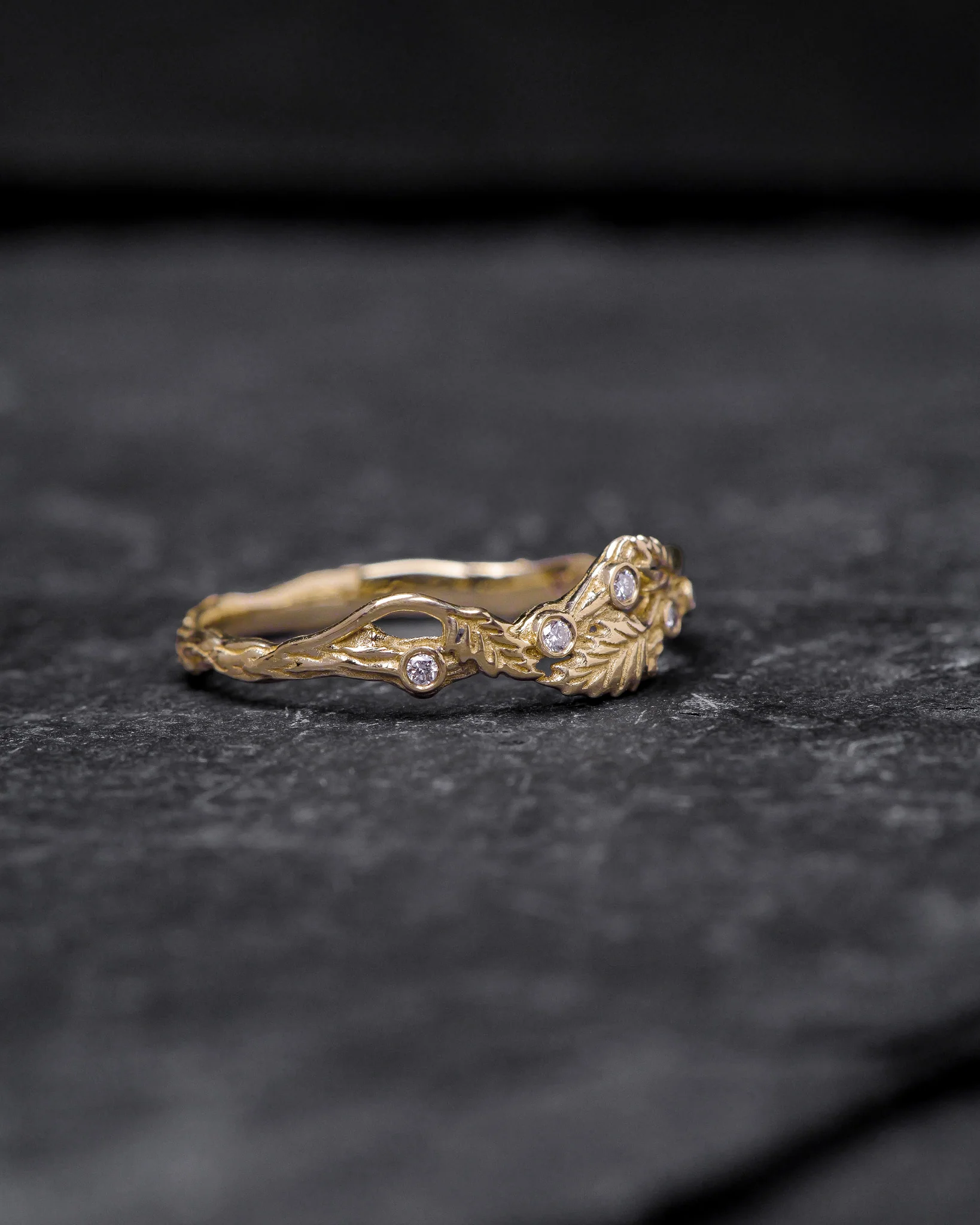 Twig ring with diamonds and three leaves, branch wedding band - Image 6