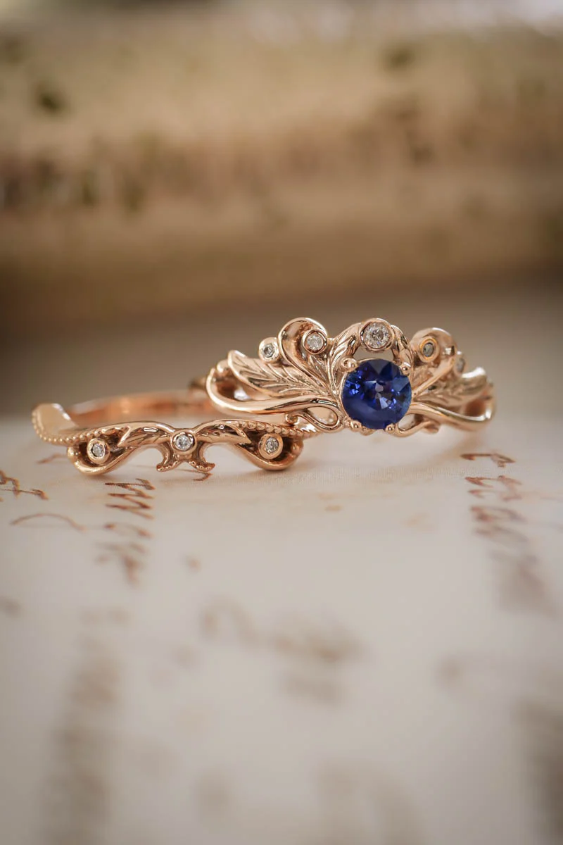 Vintage style bridal ring set with blue sapphire / Damariss - Image 3