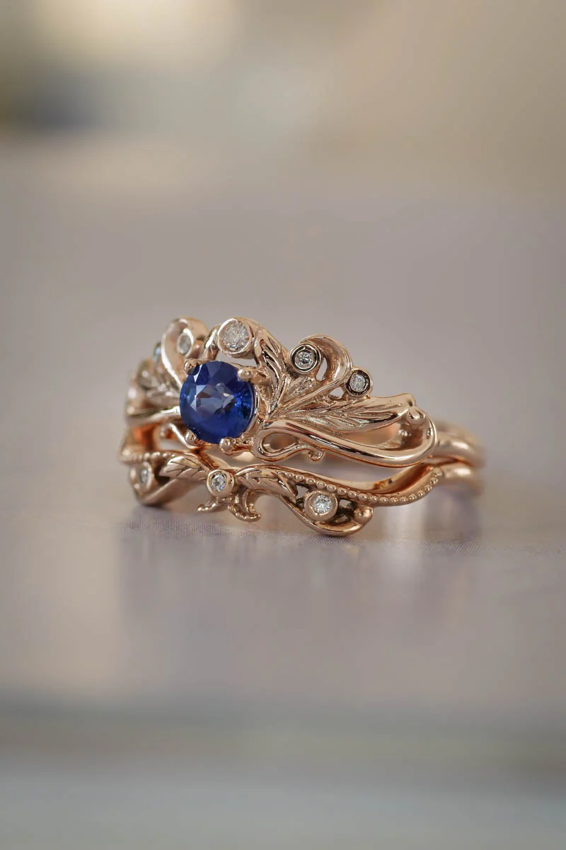 Vintage style bridal ring set with blue sapphire / Damariss - Image 4