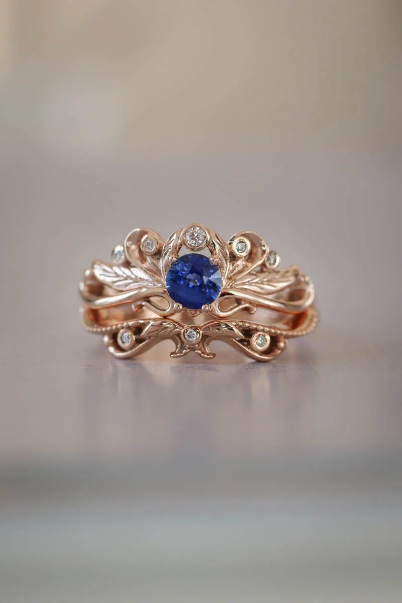 Vintage style bridal ring set with blue sapphire / Damariss - Image 5