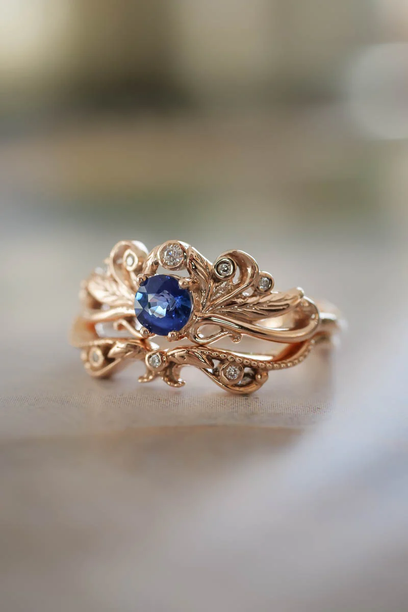 Vintage style bridal ring set with blue sapphire / Damariss - Image 6