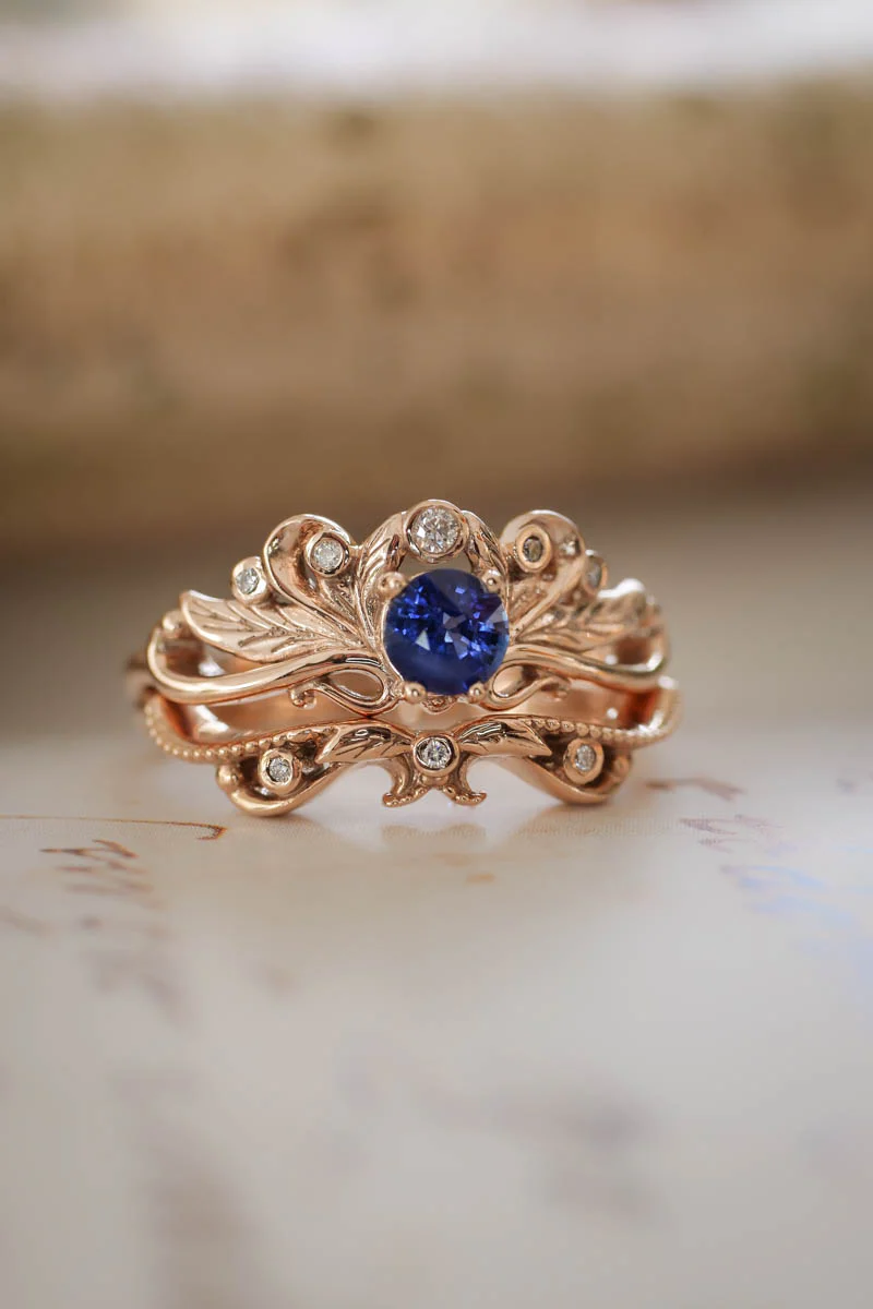 Vintage style bridal ring set with blue sapphire / Damariss - Image 7