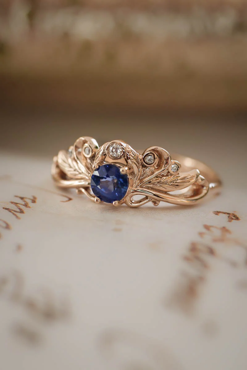 Vintage style bridal ring set with blue sapphire / Damariss - Image 8