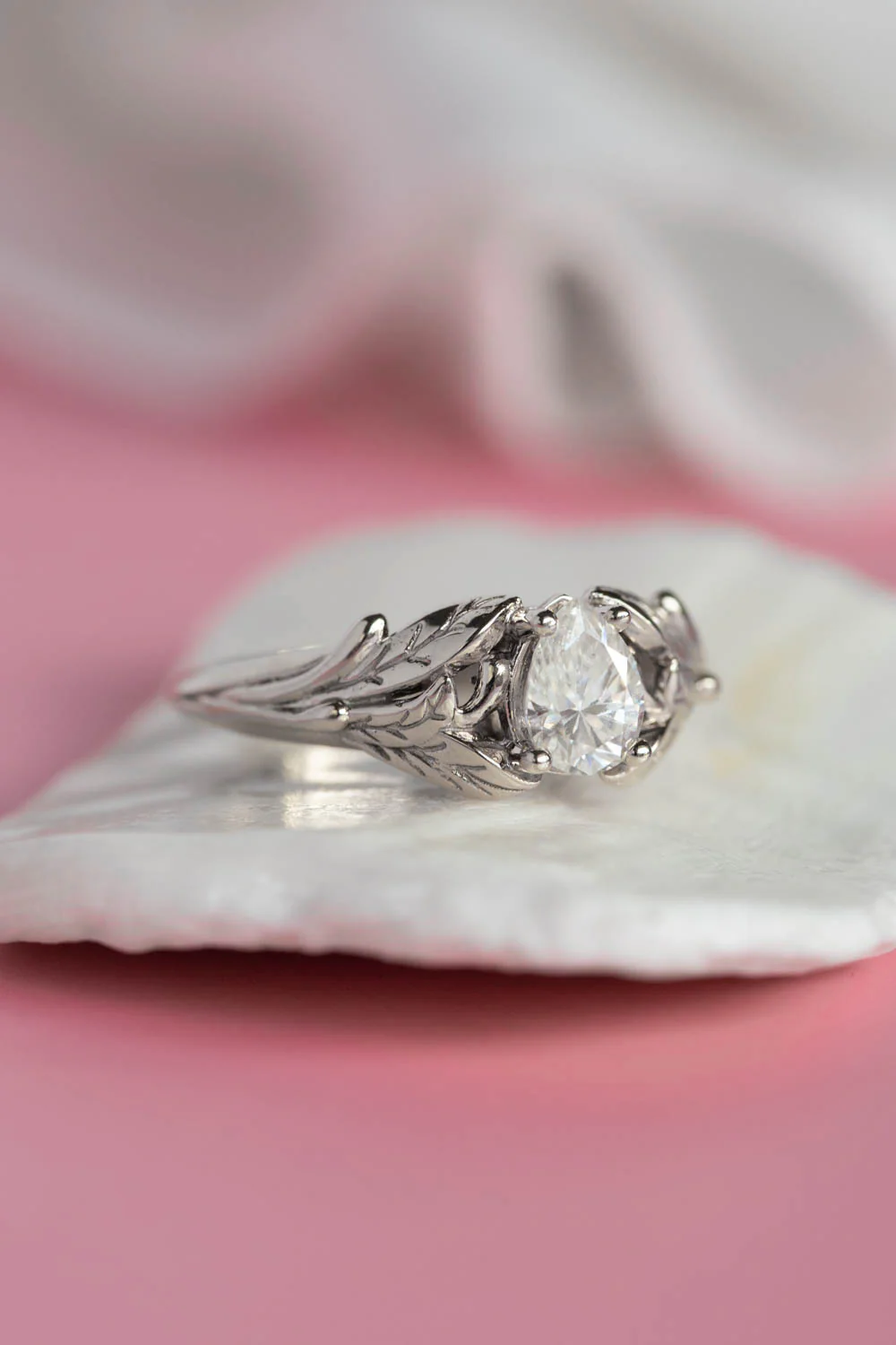 White sapphire nature inspired gold leaf engagement ring / Wisteria - Image 3