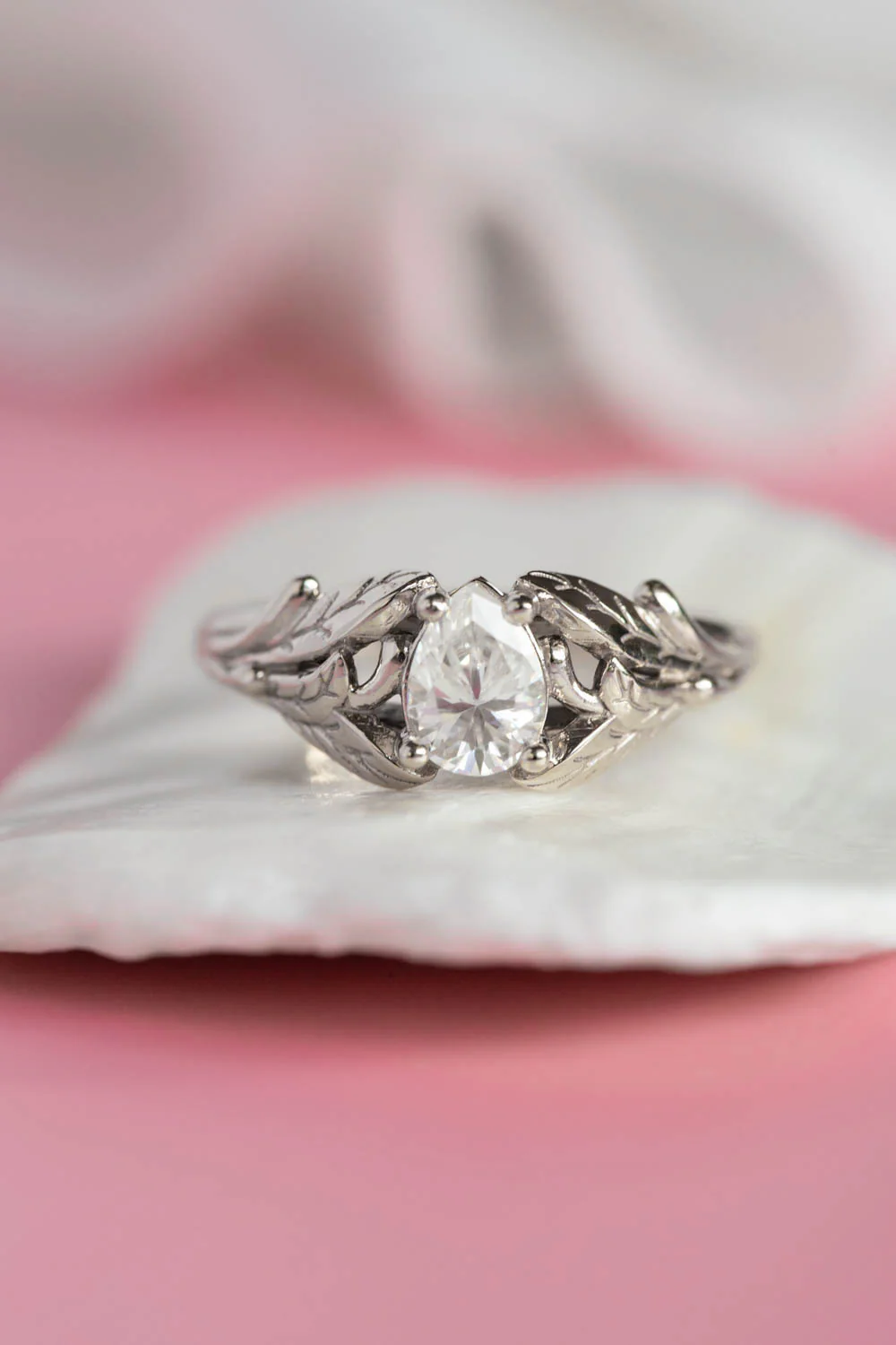 White sapphire nature inspired gold leaf engagement ring / Wisteria - Image 5